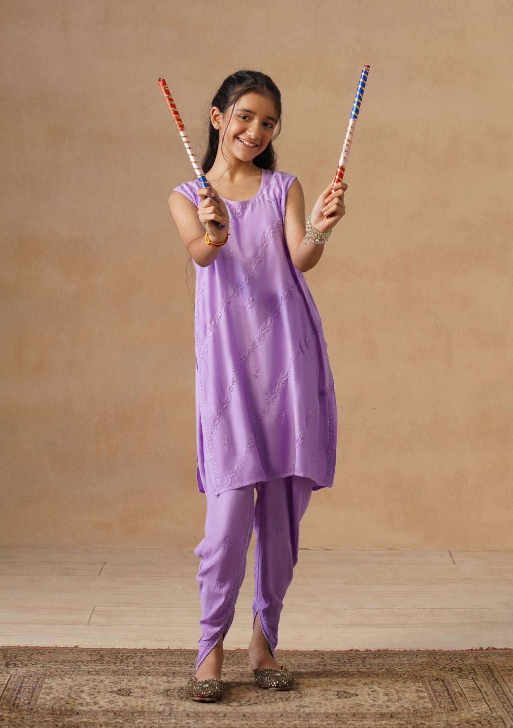 HOC Kids Purple Muslin Chikankari Kurta Set