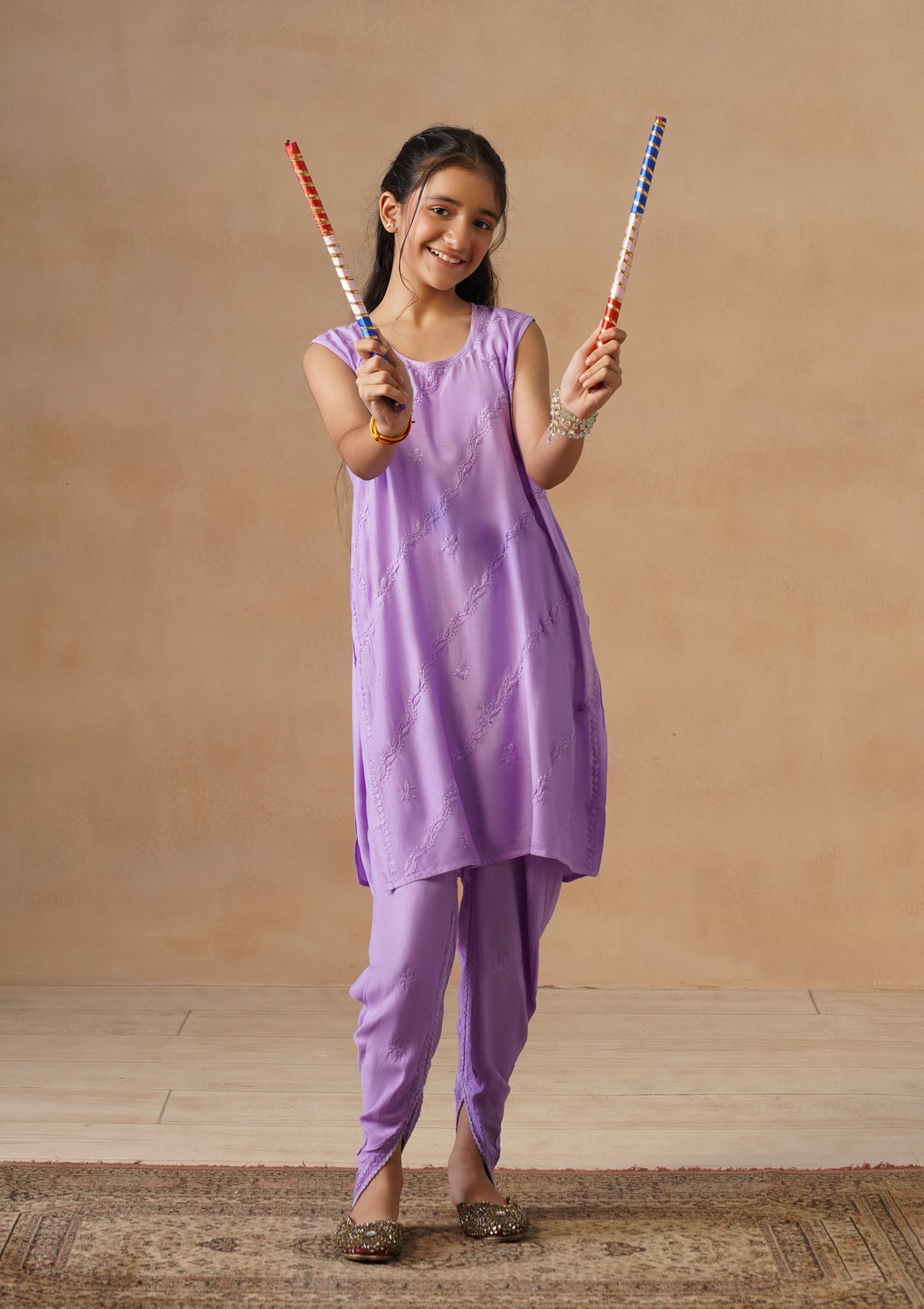 HOC Kids Purple Muslin Chikankari Kurta Set
