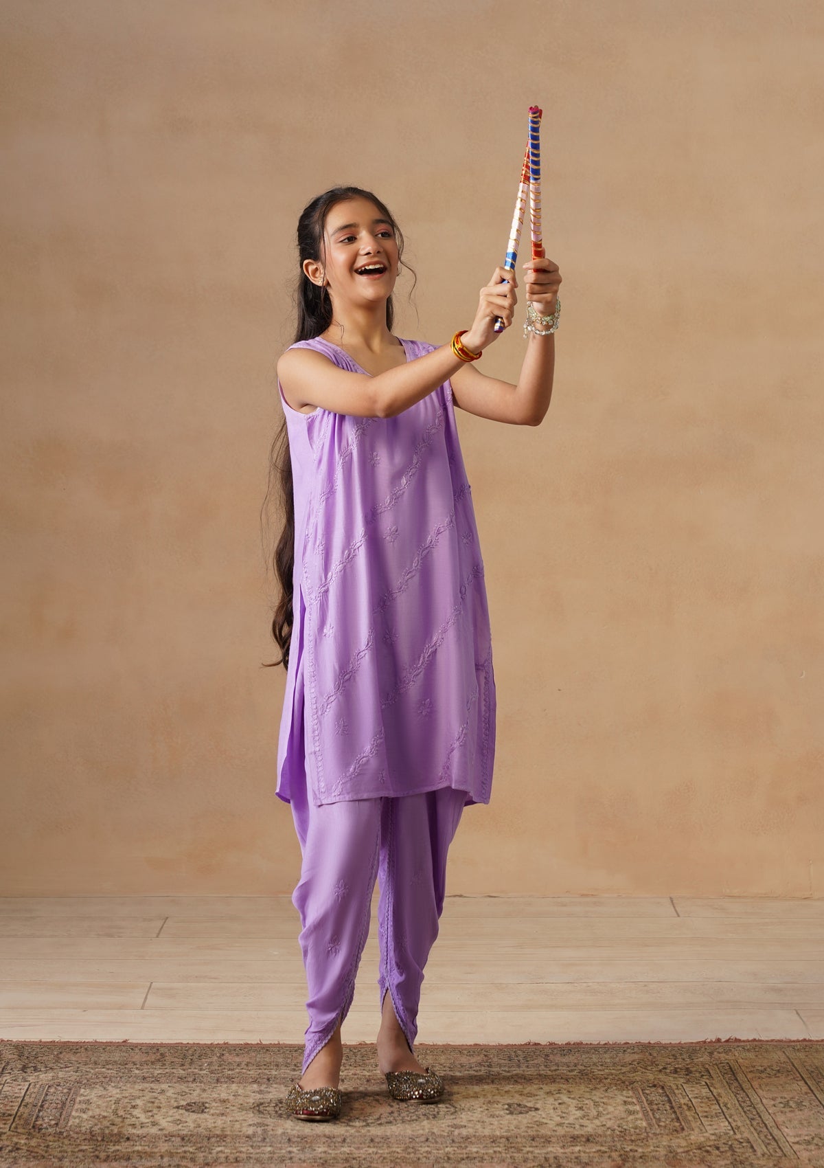 HOC Kids Purple Muslin Chikankari Kurta Set