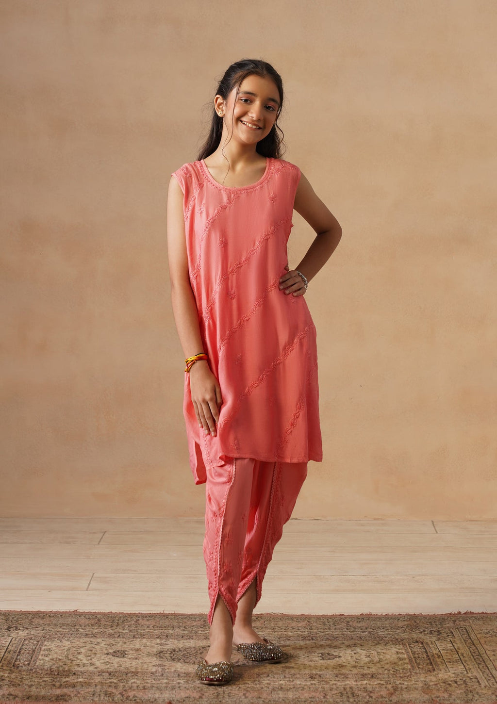 HOC Kids Orange Muslin Chikankari Kurta Set