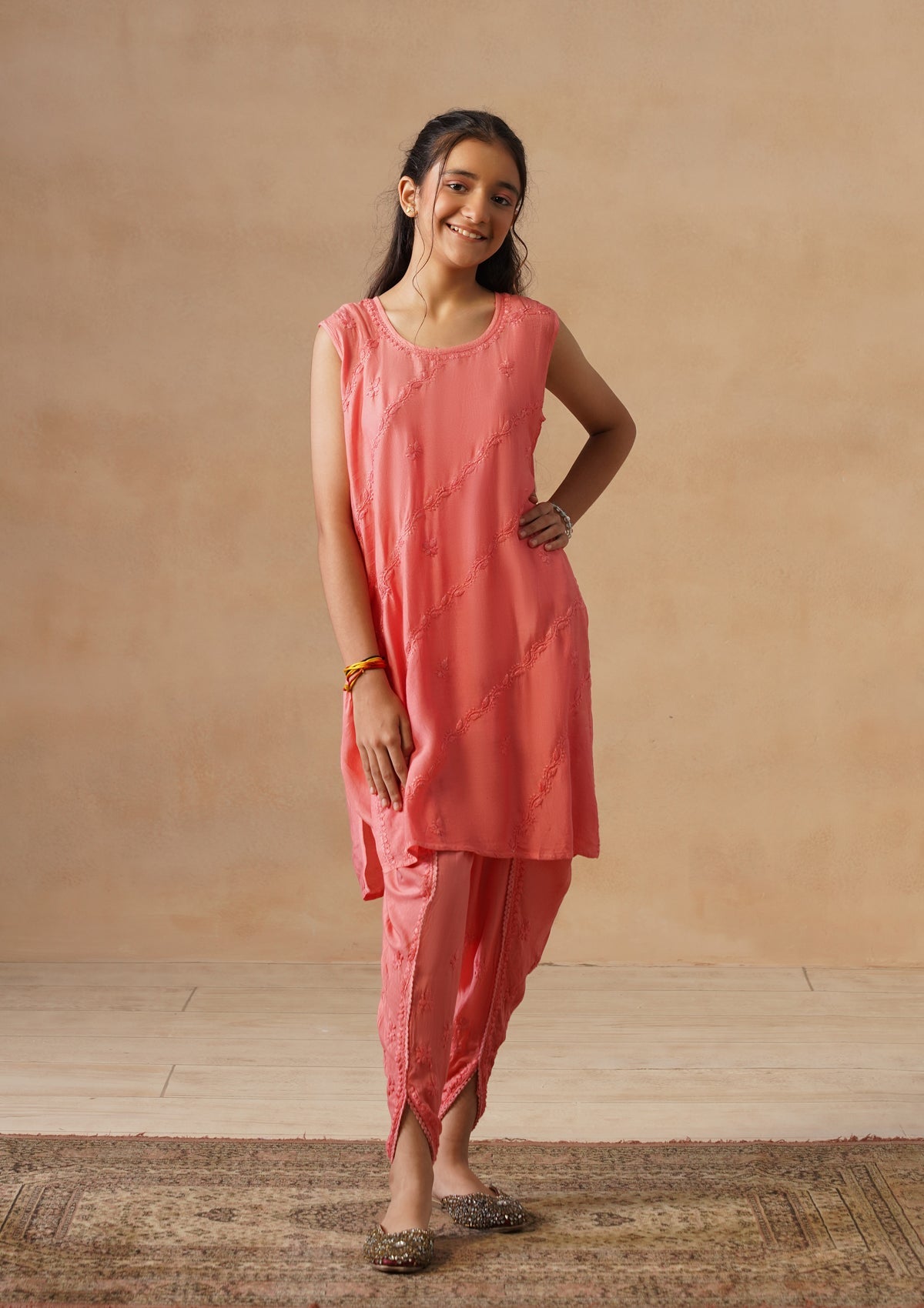 HOC Kids Orange Muslin Chikankari Kurta Set