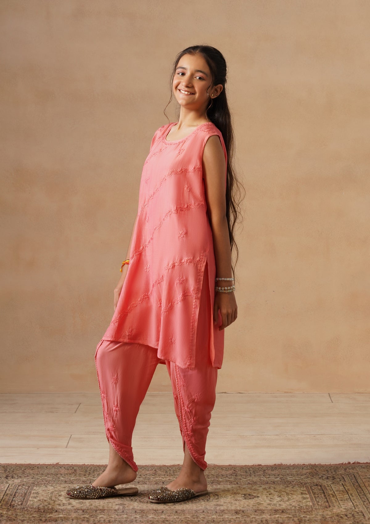 HOC Kids Orange Muslin Chikankari Kurta Set
