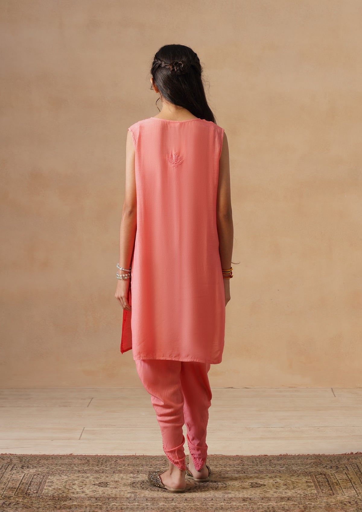 HOC Kids Orange Muslin Chikankari Kurta Set