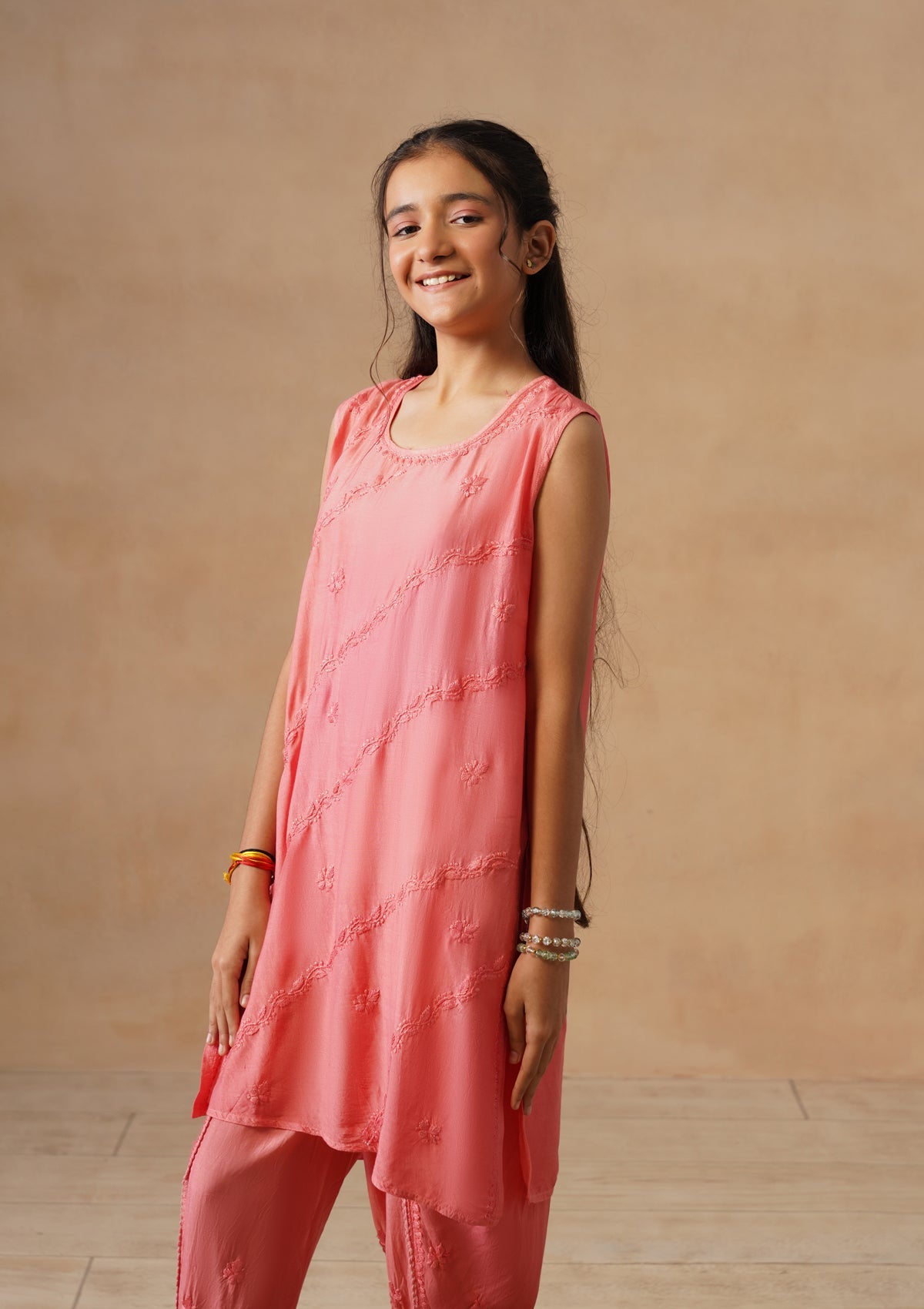 HOC Kids Orange Muslin Chikankari Kurta Set