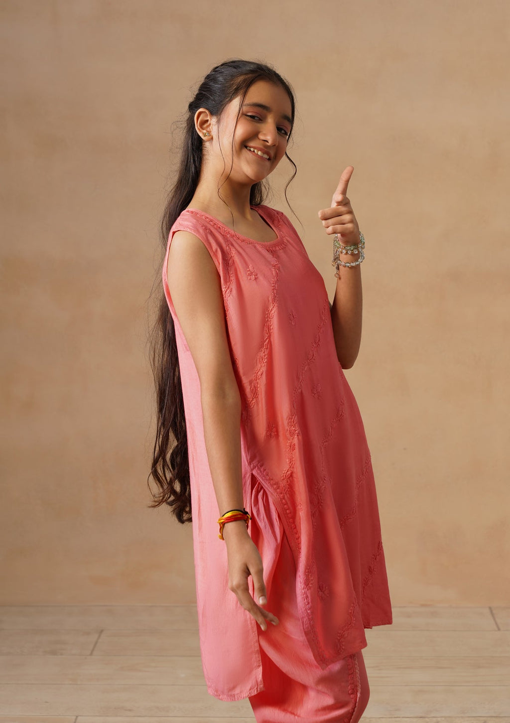 HOC Kids Orange Muslin Chikankari Kurta Set