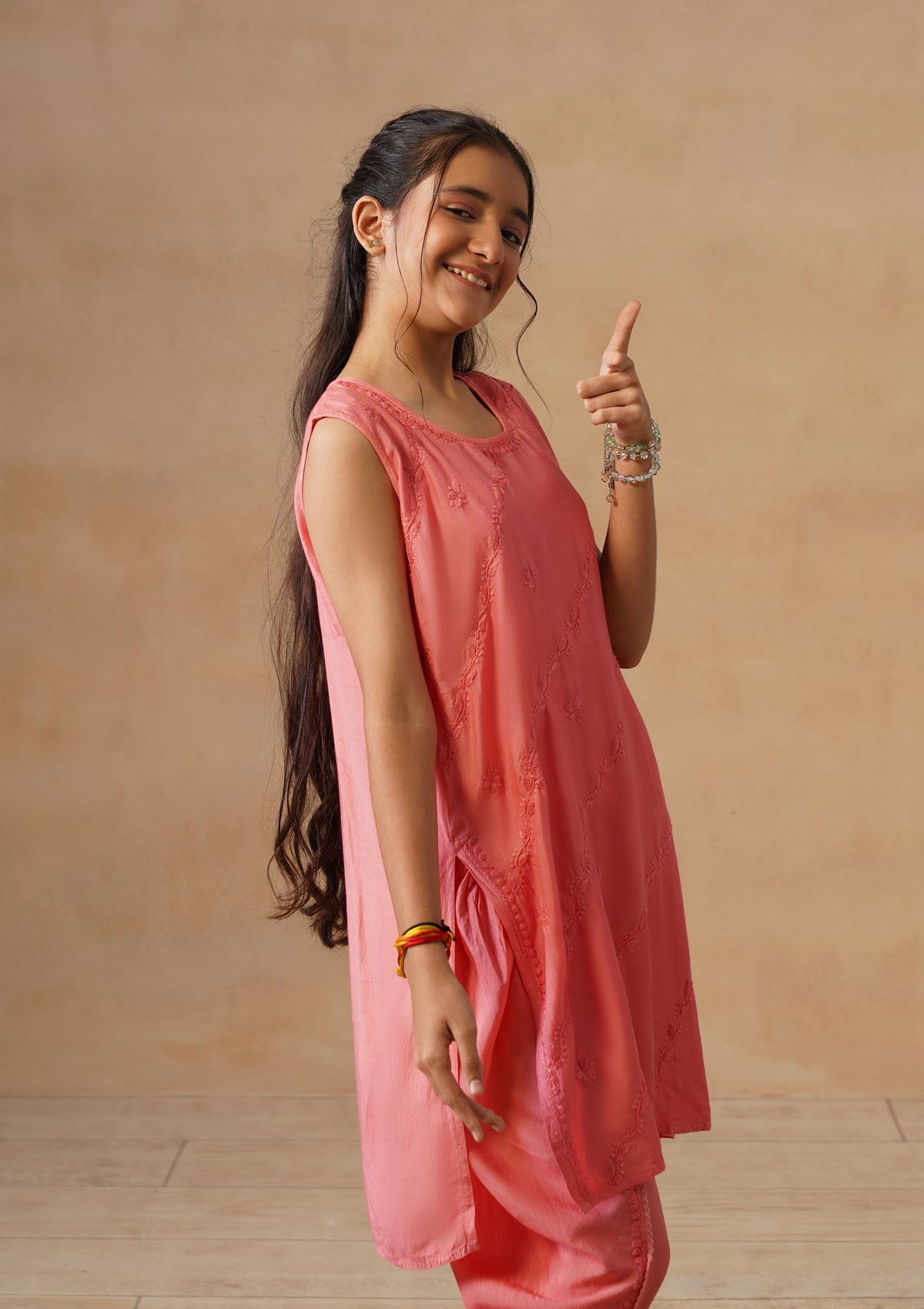 HOC Kids Orange Muslin Chikankari Kurta Set