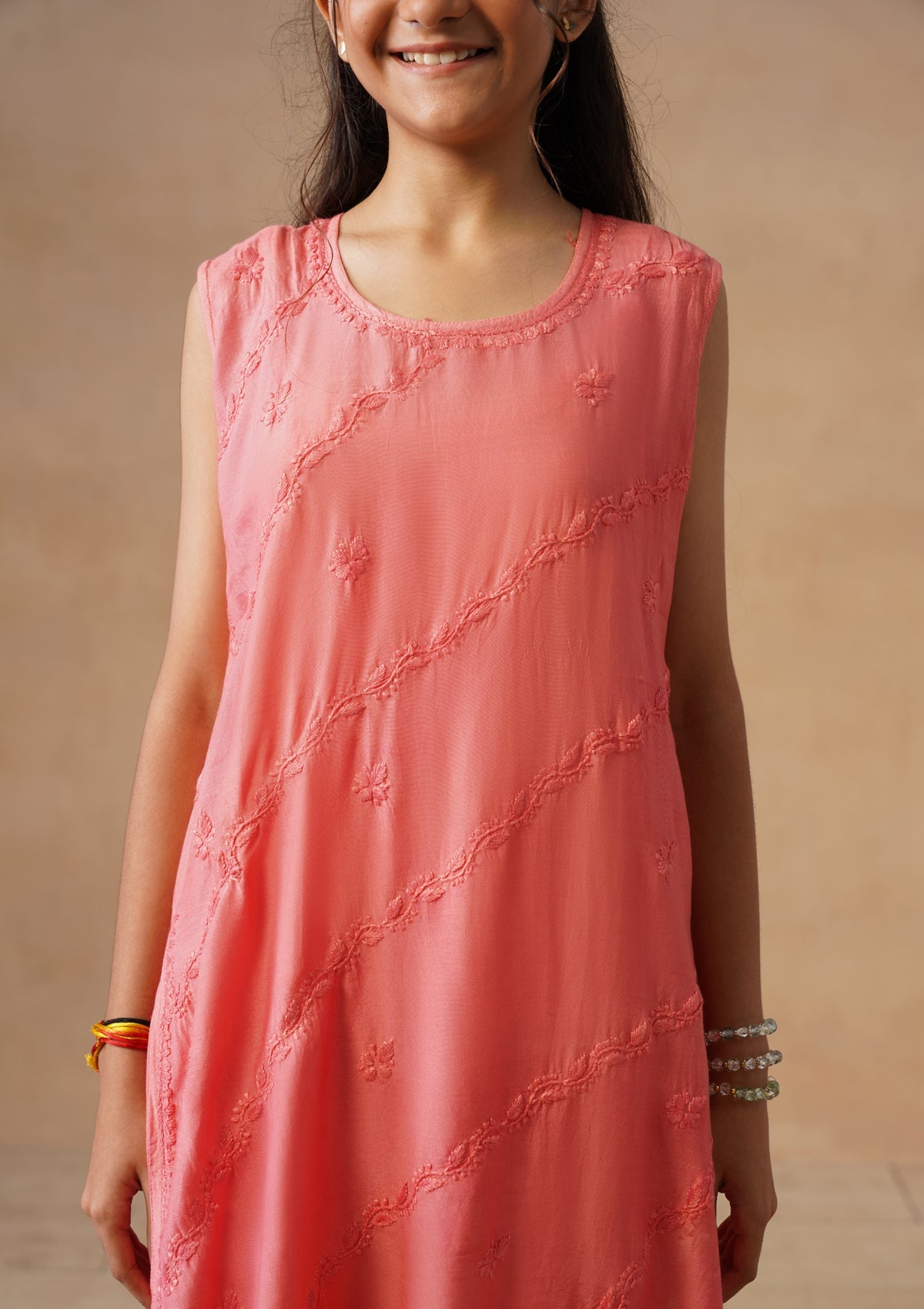 HOC Kids Orange Muslin Chikankari Kurta Set