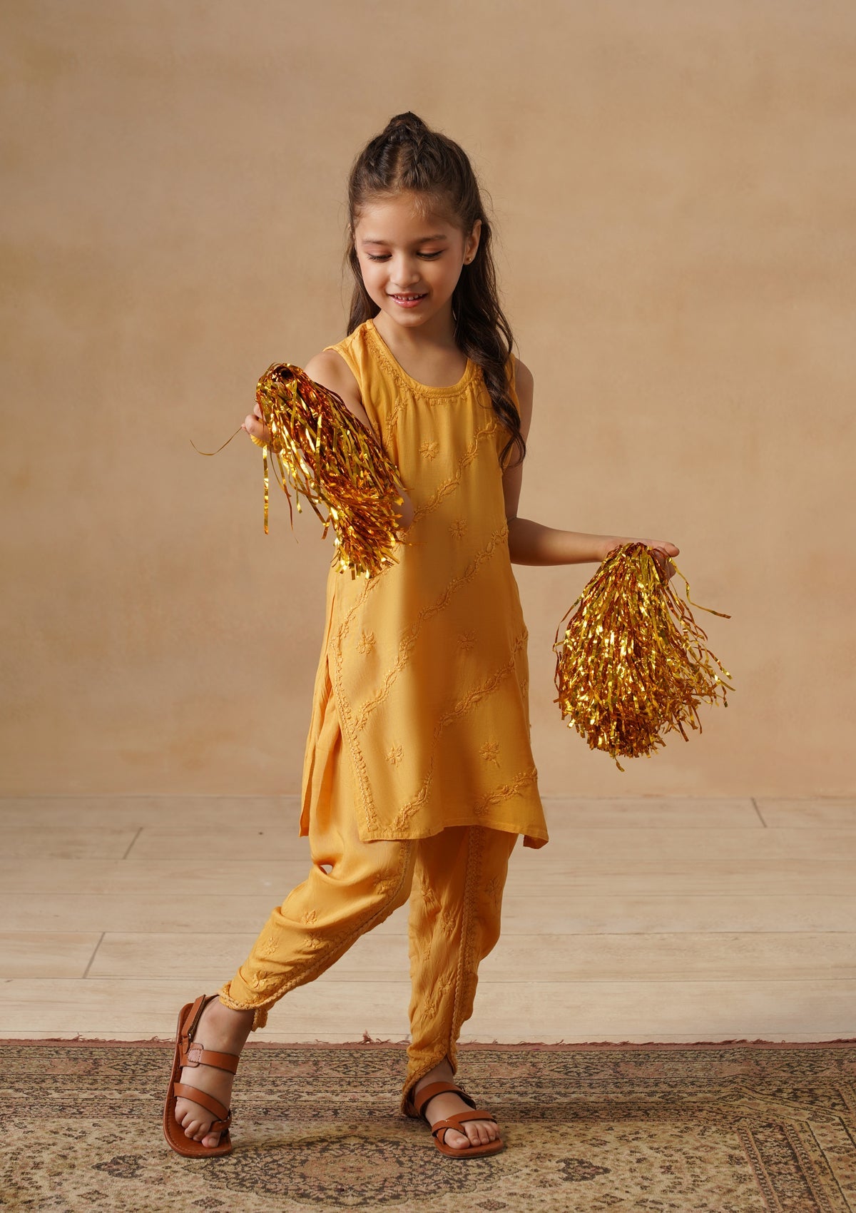 HOC Kids Yellow Muslin Chikankari Kurta Set