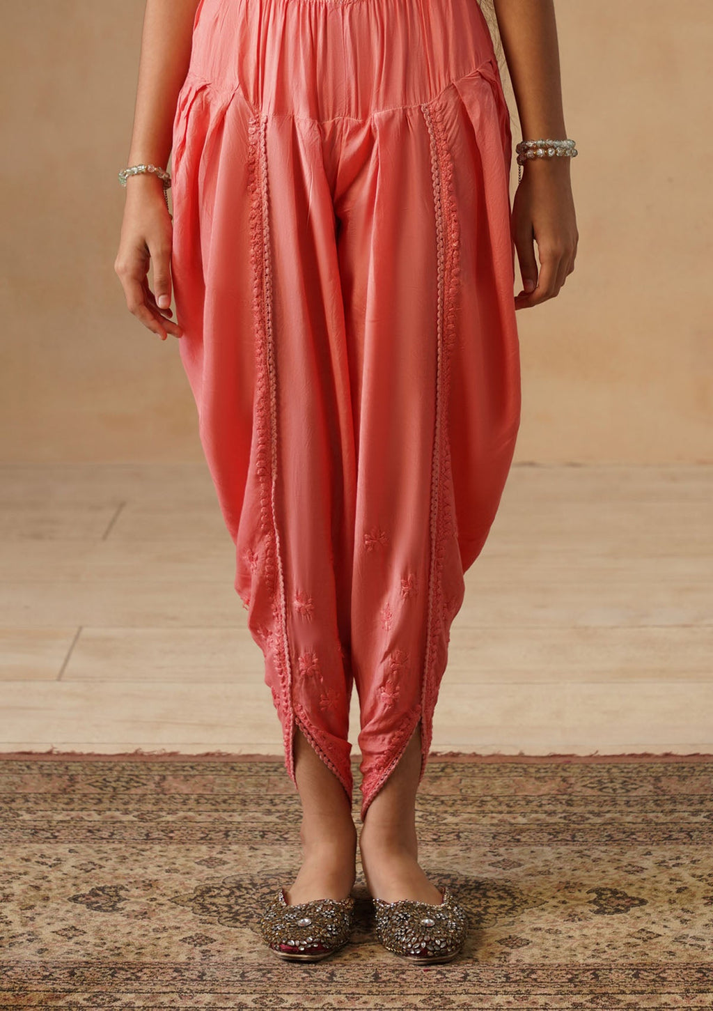 HOC Kids Orange Muslin Chikankari Kurta Set