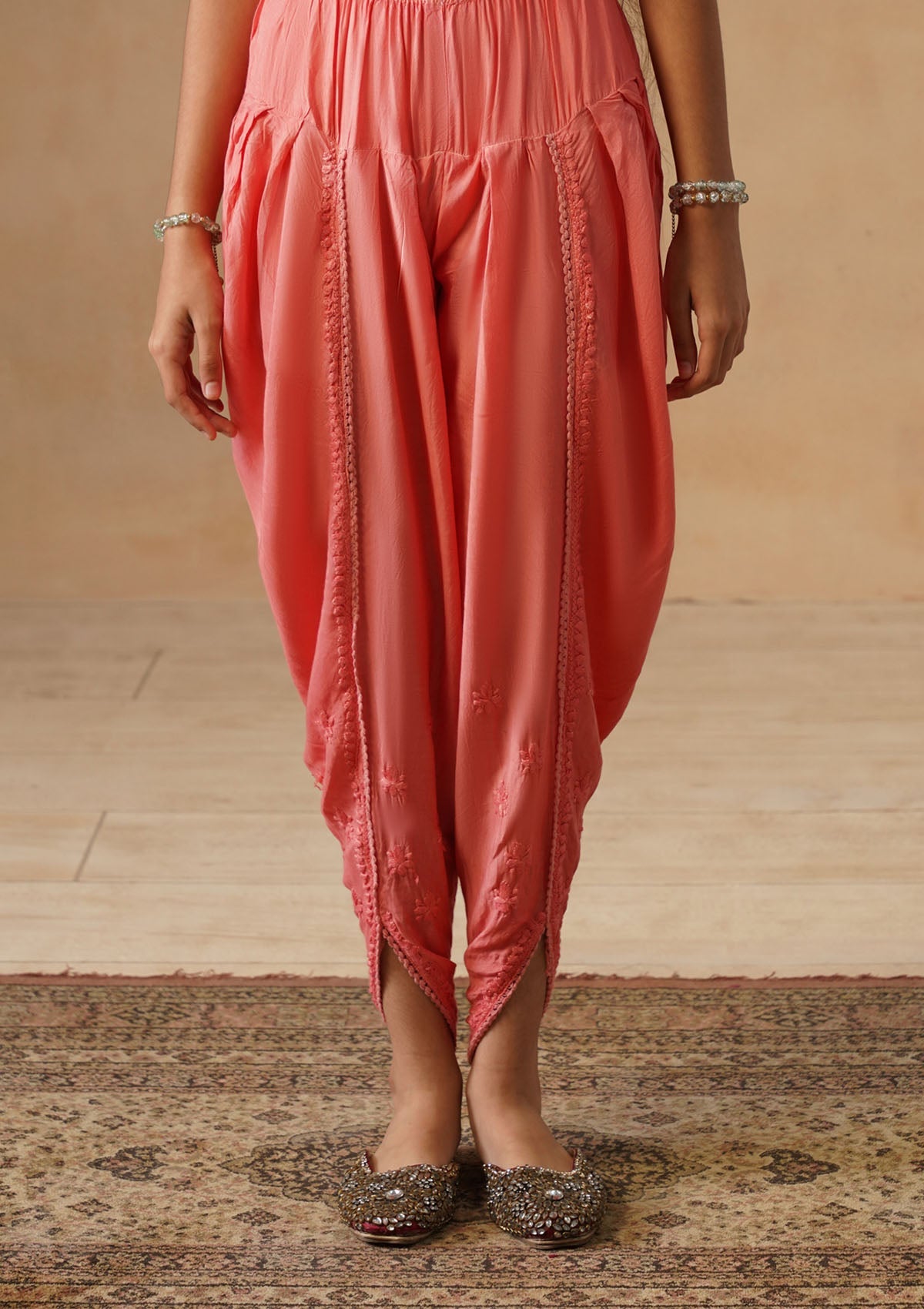 HOC Kids Orange Muslin Chikankari Kurta Set