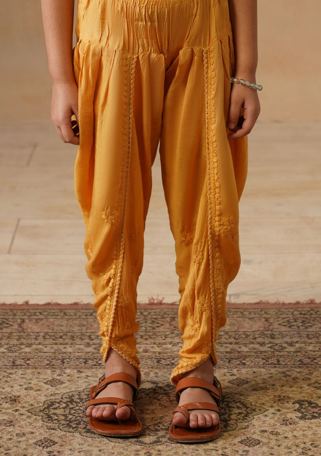 HOC Kids Yellow Muslin Chikankari Kurta Set