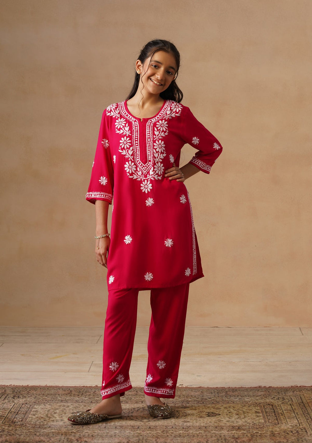 HOC Kids Magenta Rayon Chikankari Kurta Set With Dupatta