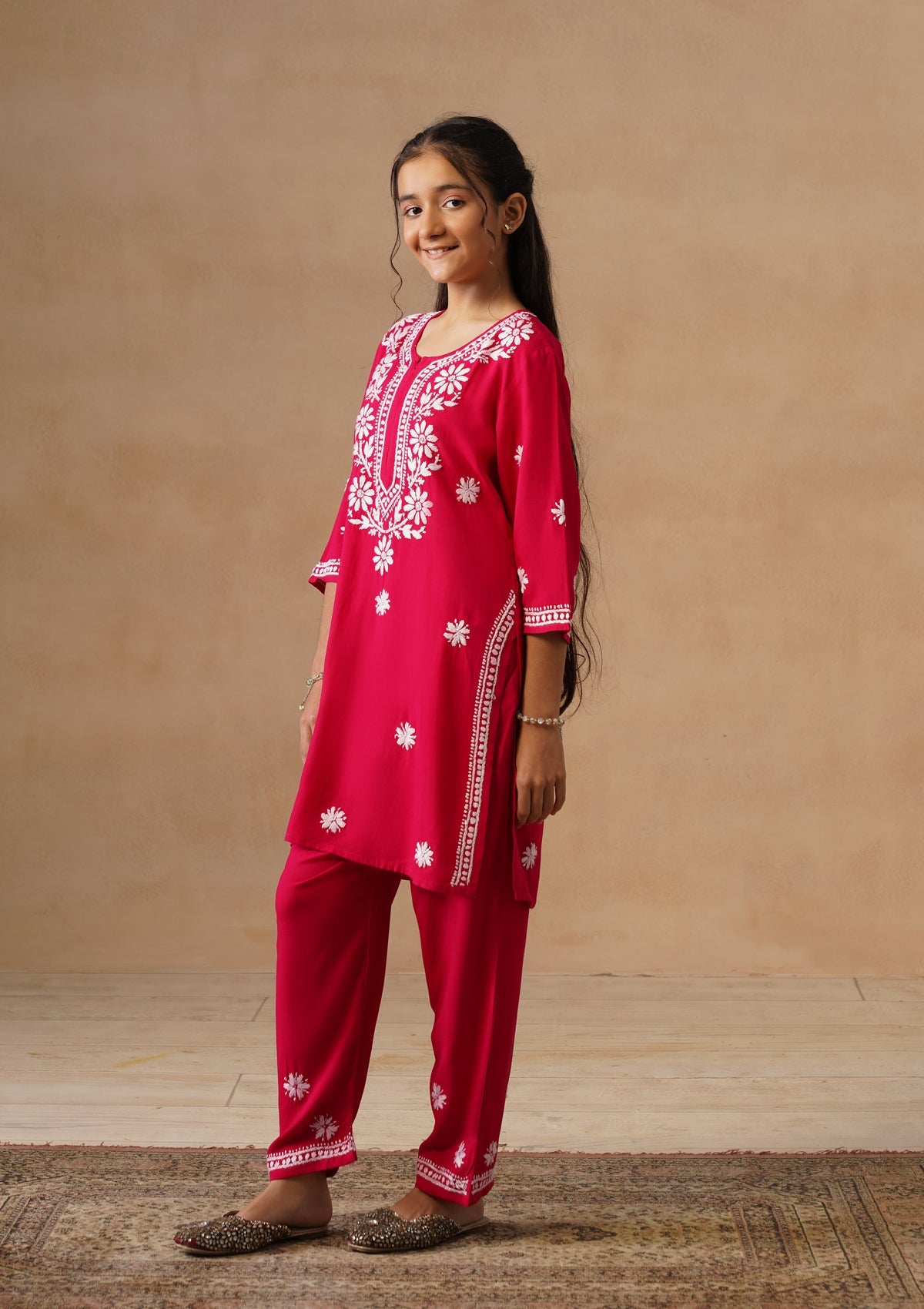 HOC Kids Magenta Rayon Chikankari Kurta Set With Dupatta