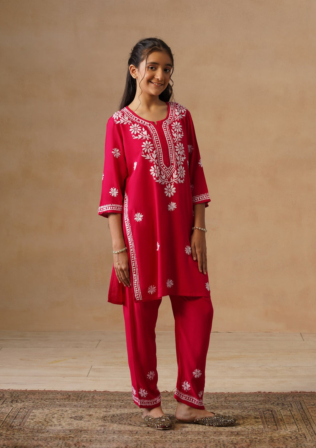 HOC Kids Magenta Rayon Chikankari Kurta Set With Dupatta