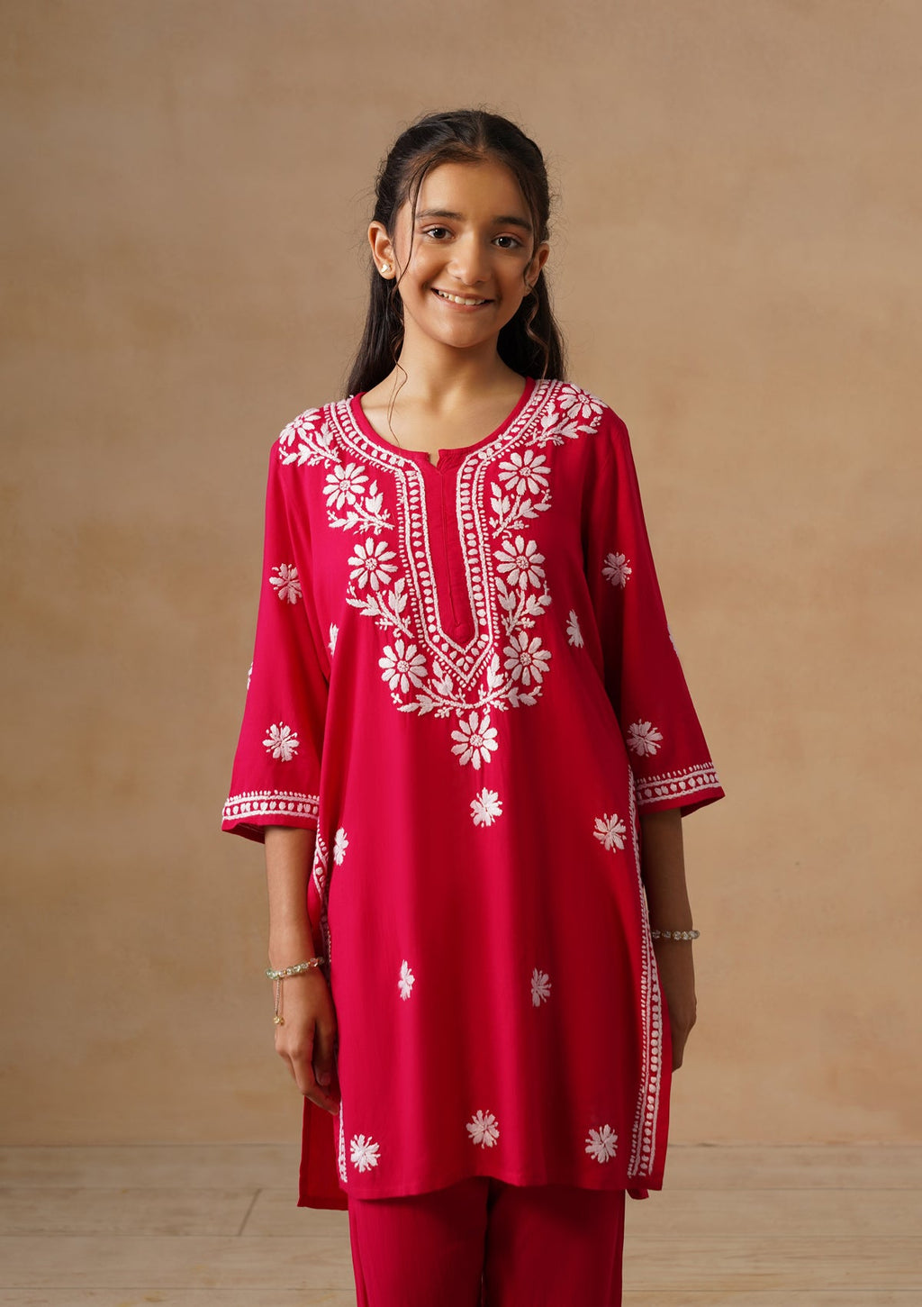 HOC Kids Magenta Rayon Chikankari Kurta Set With Dupatta