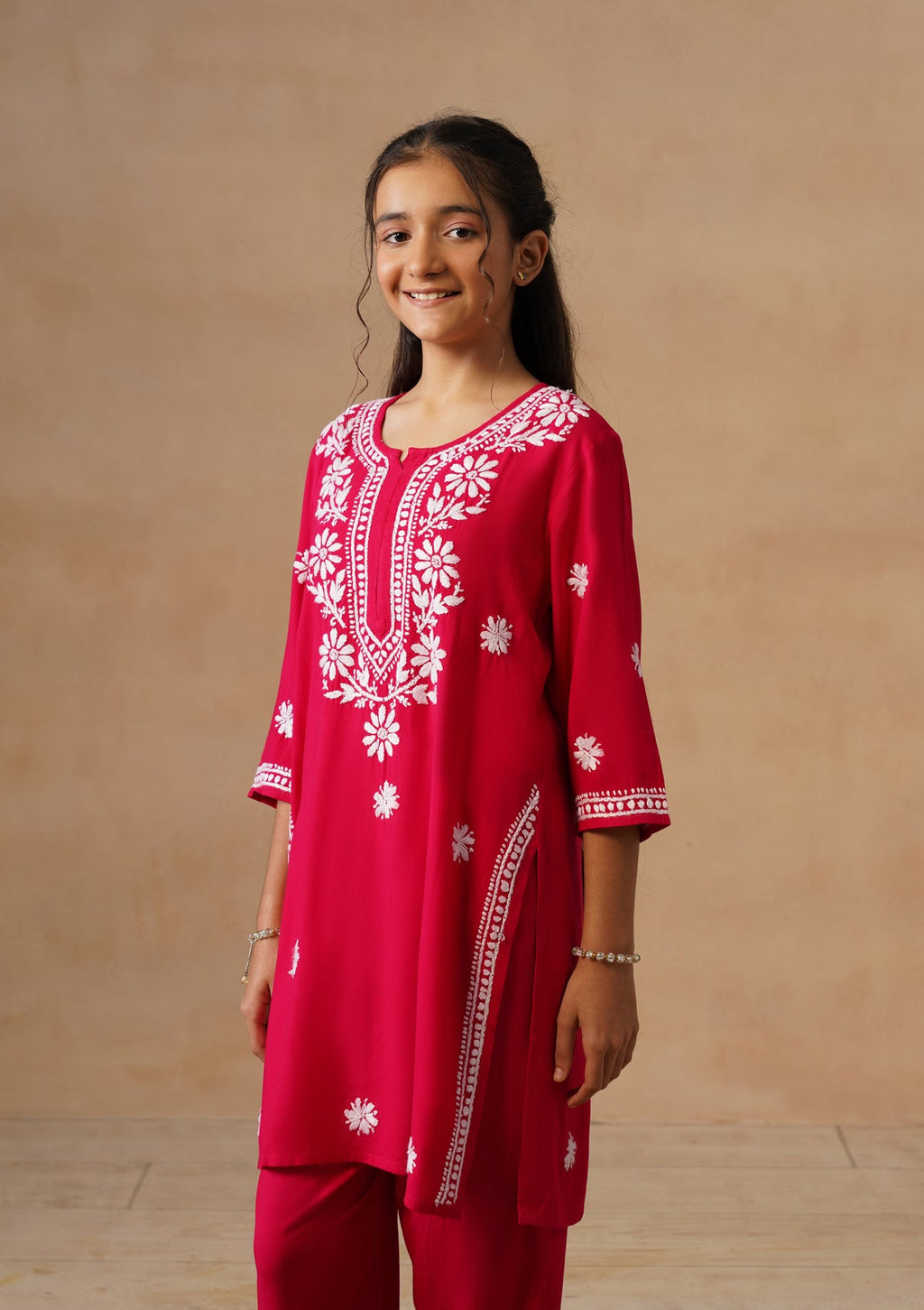 HOC Kids Magenta Rayon Chikankari Kurta Set With Dupatta