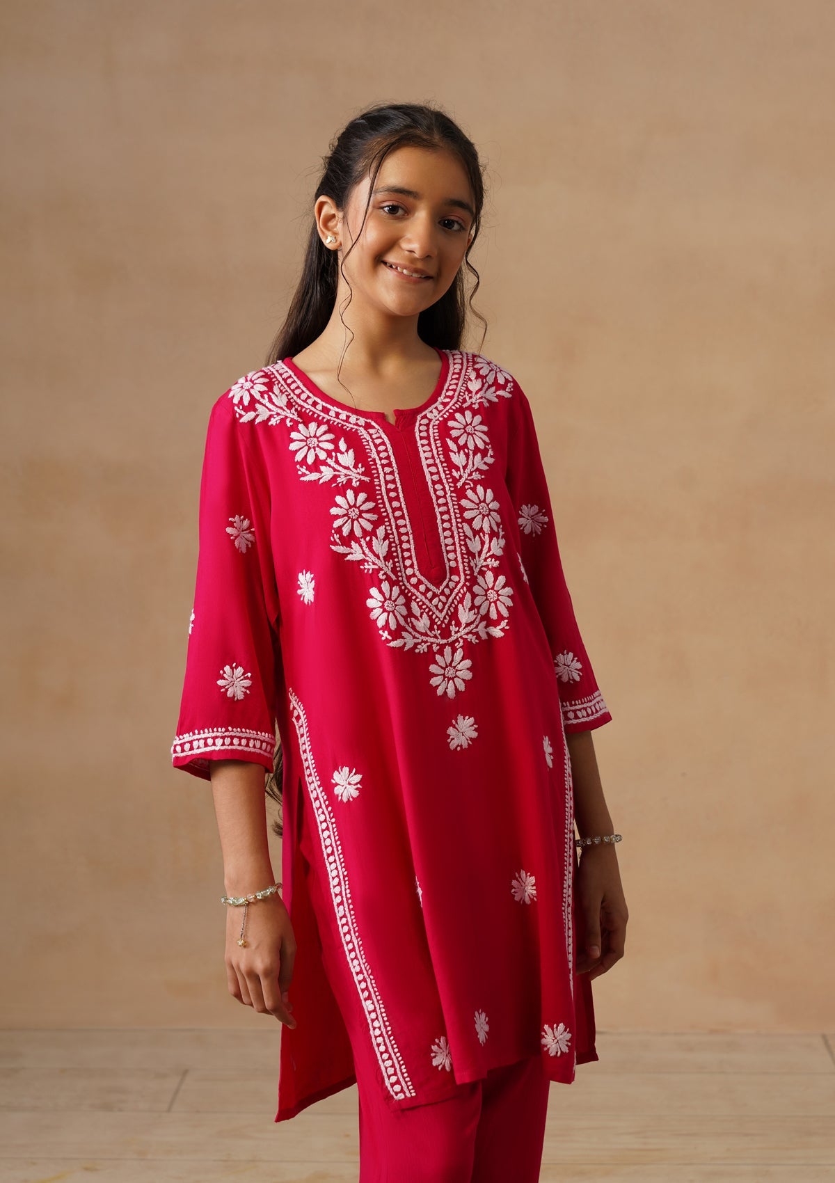 HOC Kids Magenta Rayon Chikankari Kurta Set With Dupatta