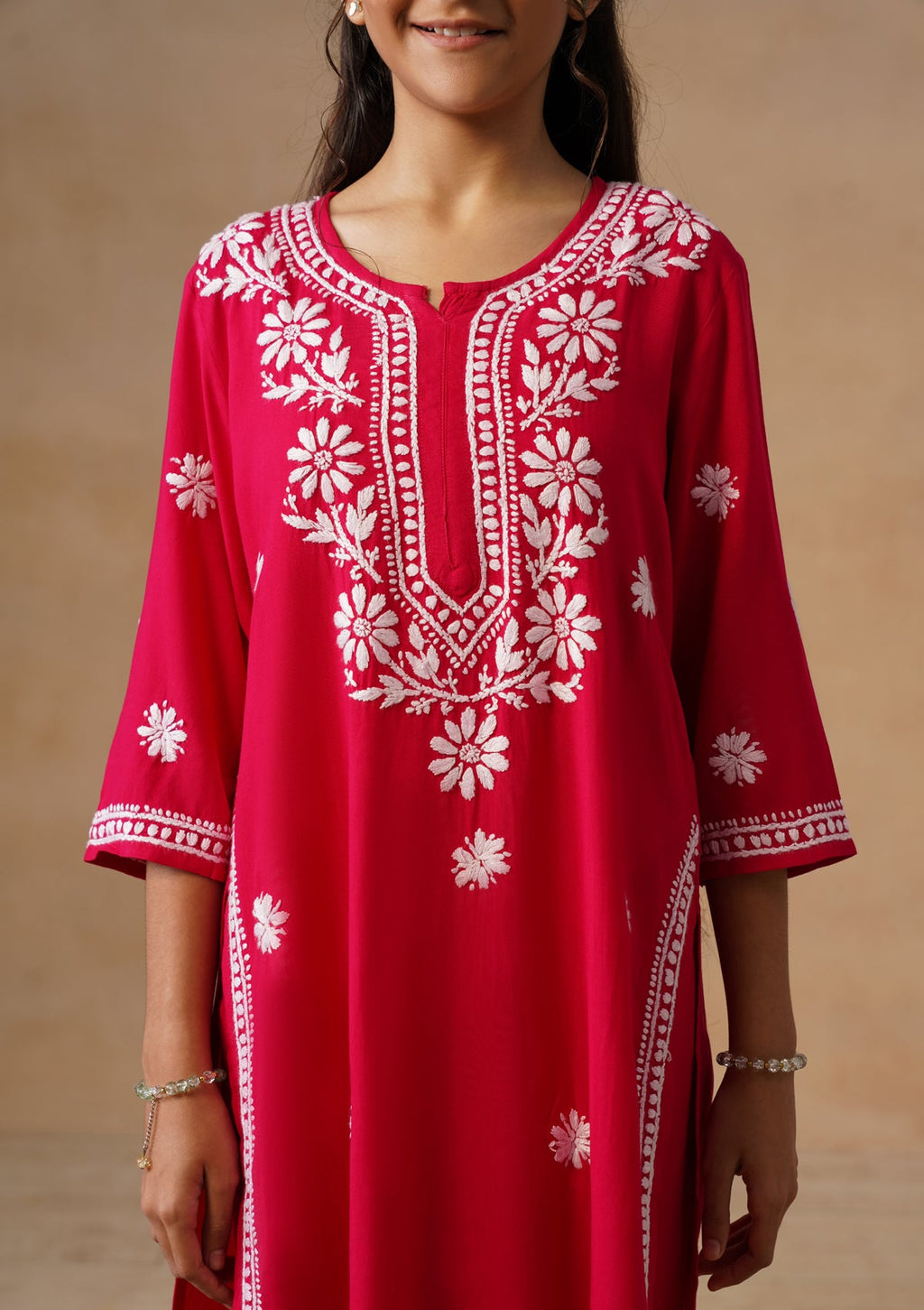 HOC Kids Magenta Rayon Chikankari Kurta Set With Dupatta