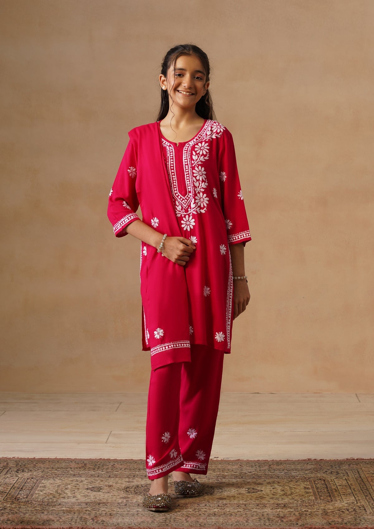 HOC Kids Magenta Rayon Chikankari Kurta Set With Dupatta