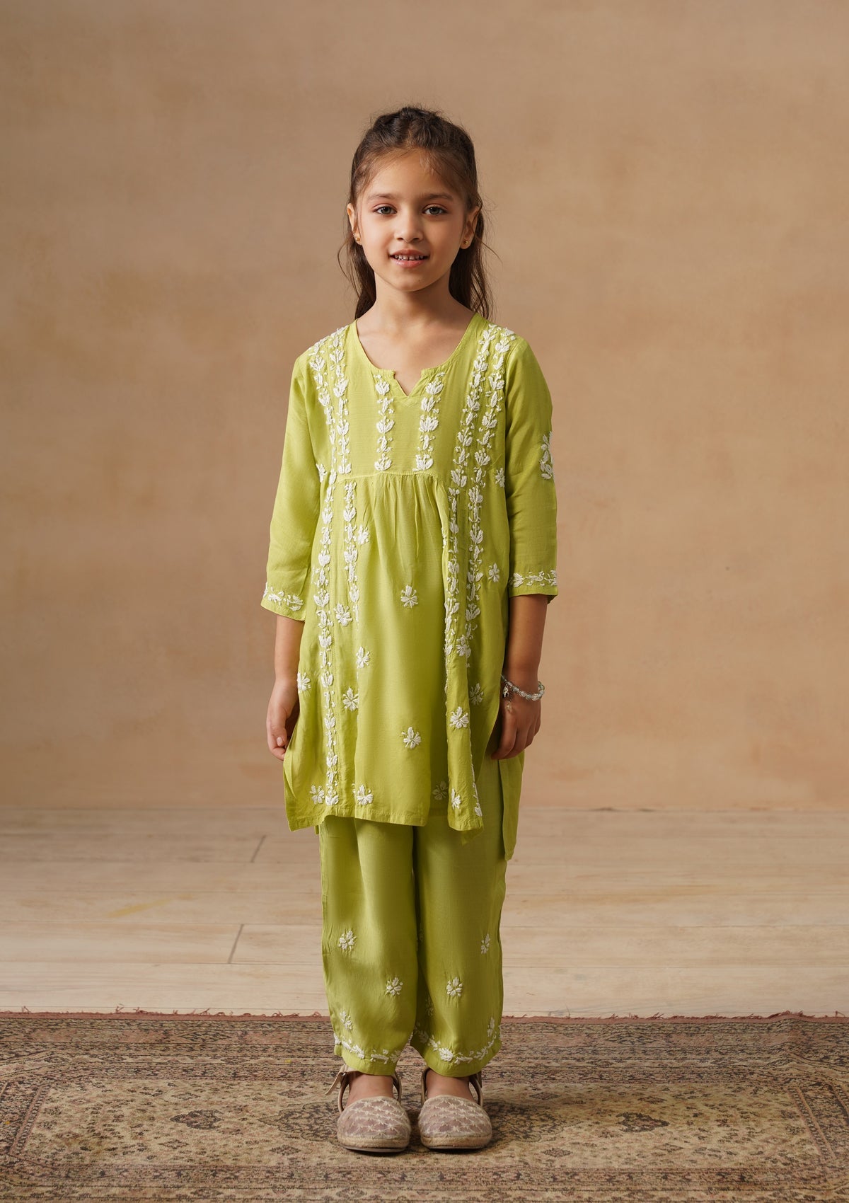 HOC Kids Green Muslin Chikankari Kurta Set