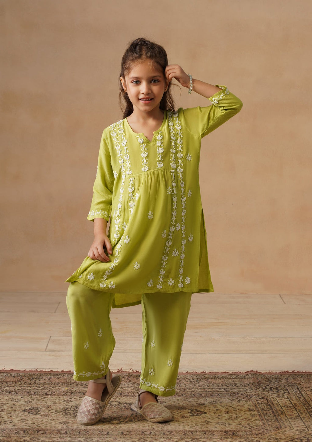 HOC Kids Green Muslin Chikankari Kurta Set