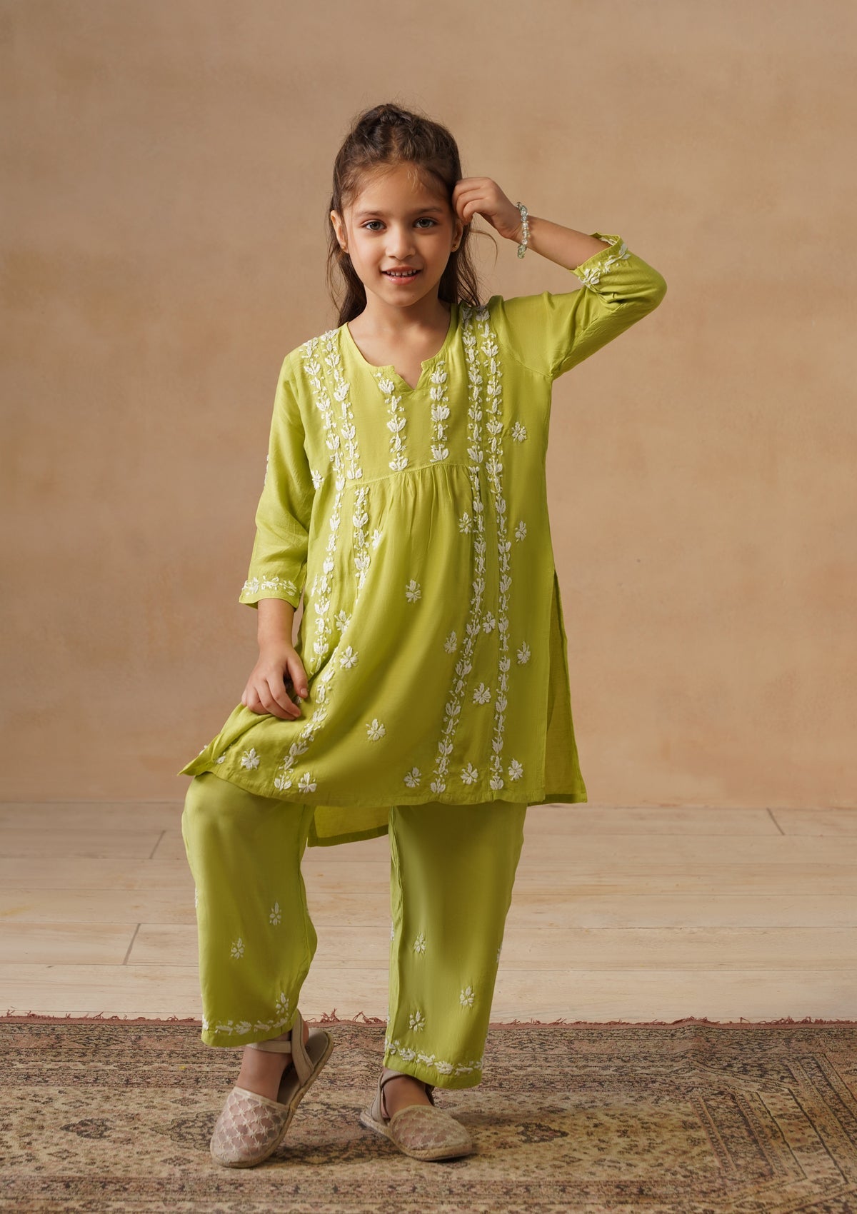 HOC Kids Green Muslin Chikankari Kurta Set