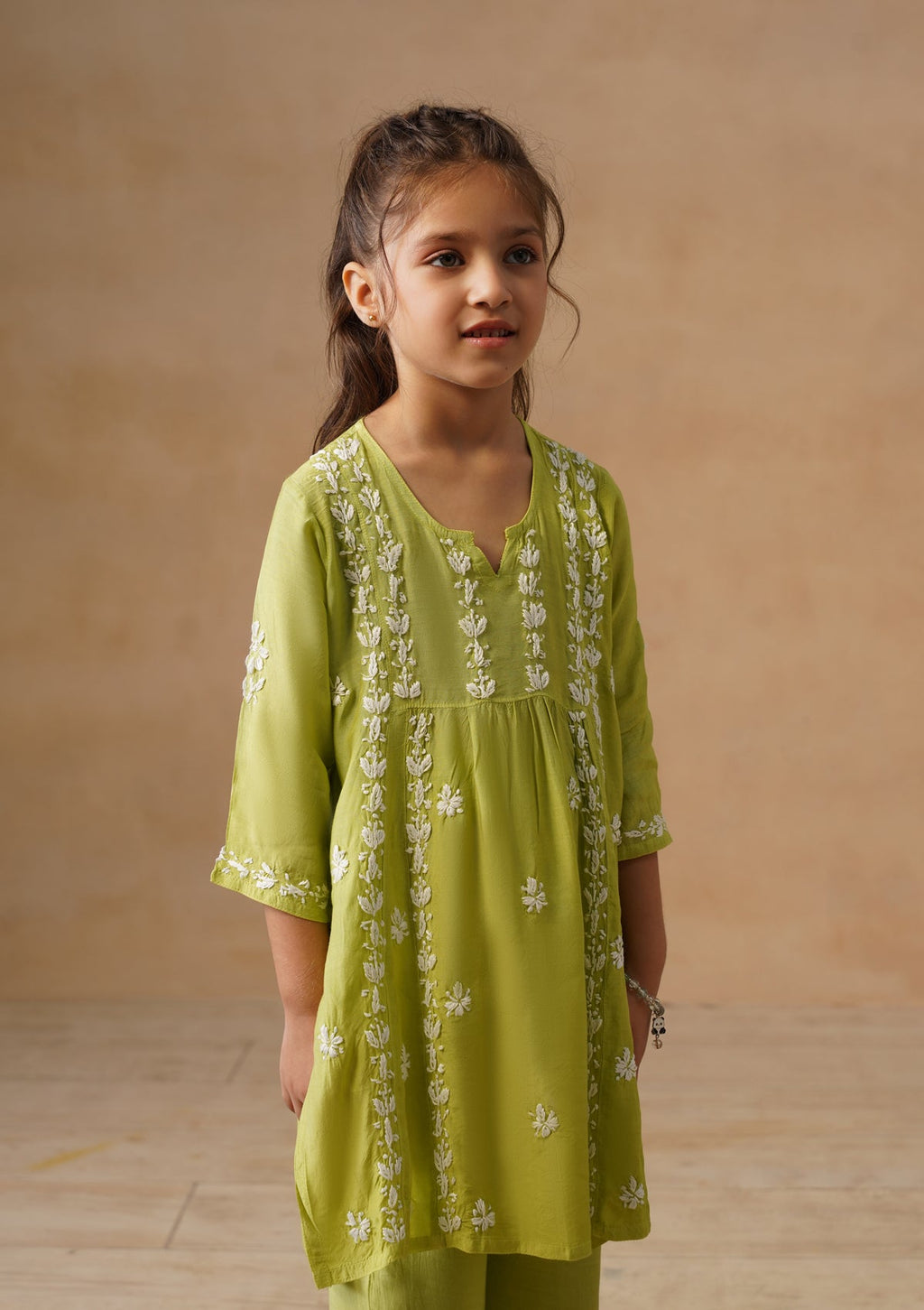 HOC Kids Green Muslin Chikankari Kurta Set