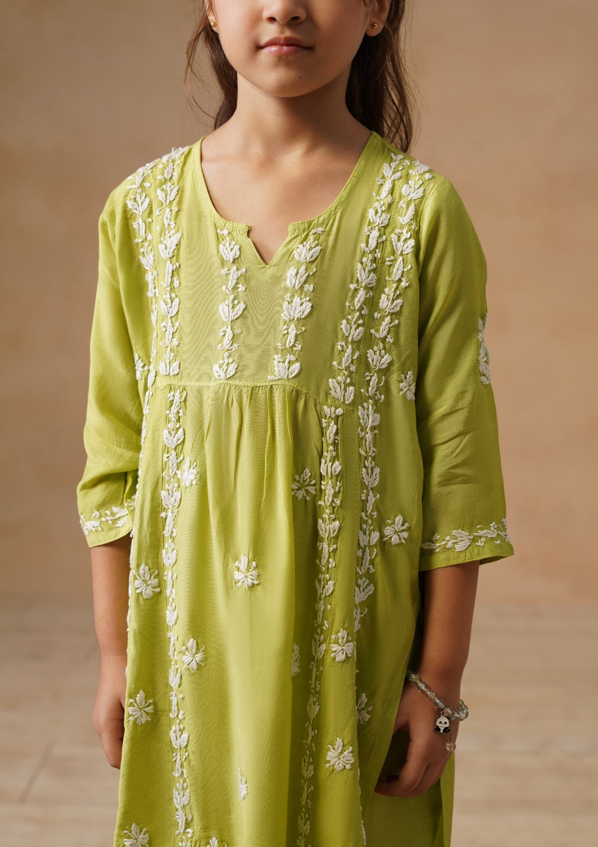 HOC Kids Green Muslin Chikankari Kurta Set