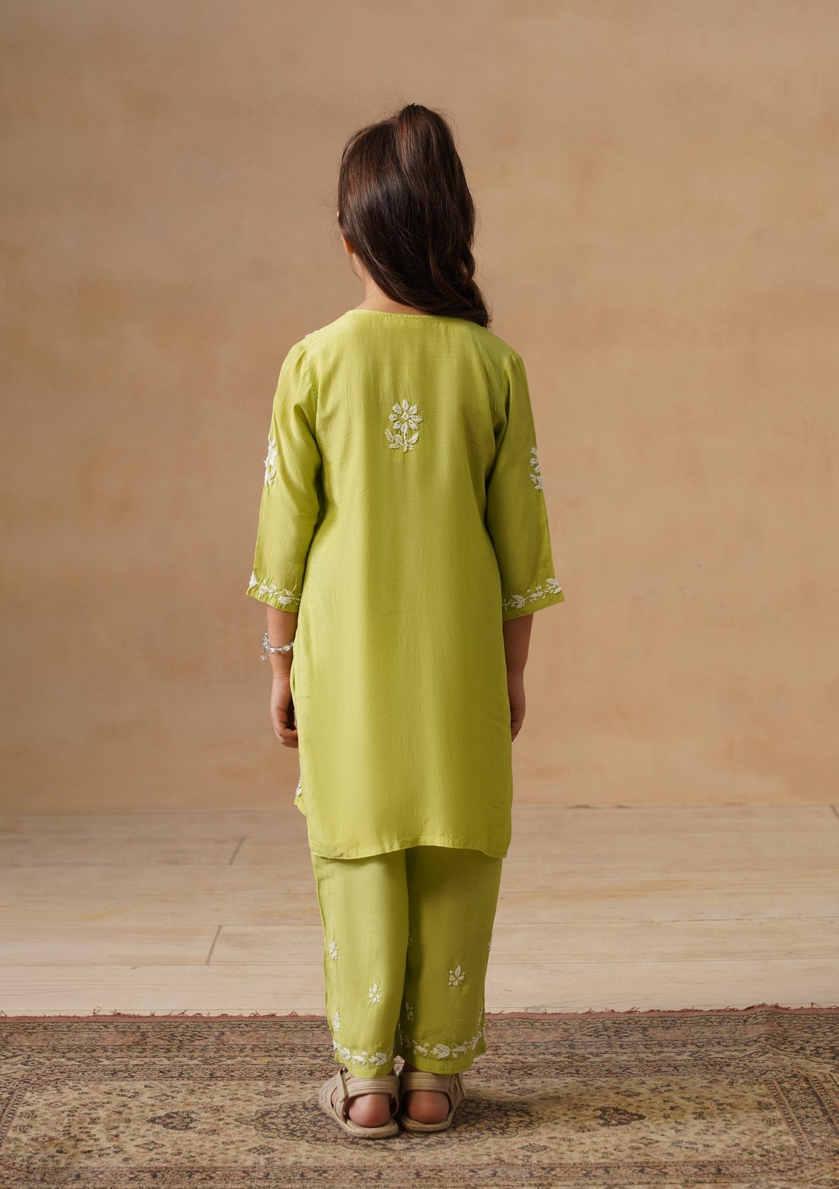 HOC Kids Green Muslin Chikankari Kurta Set