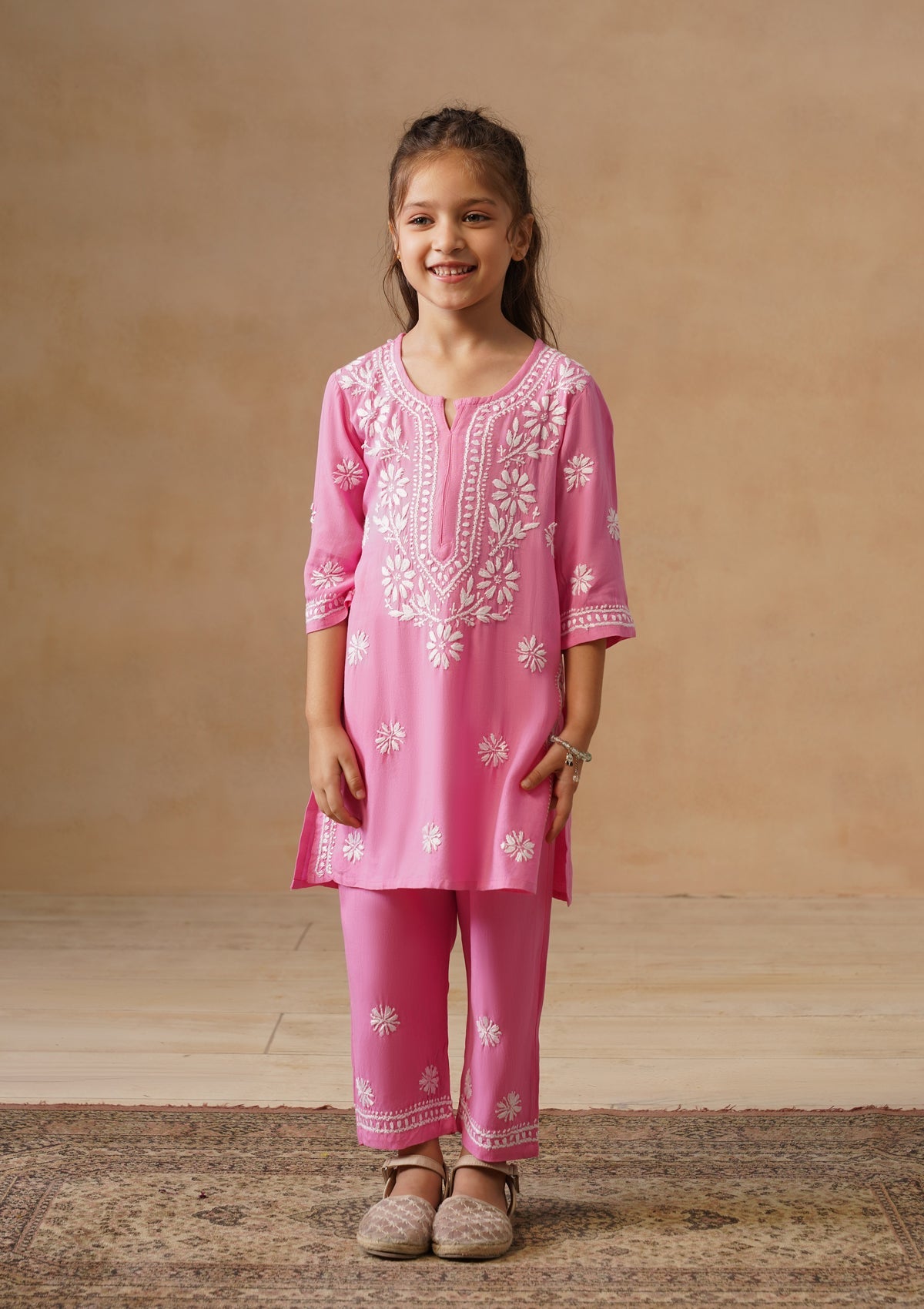 HOC Kids Pink Rayon Chikankari Kurta Set With Dupatta