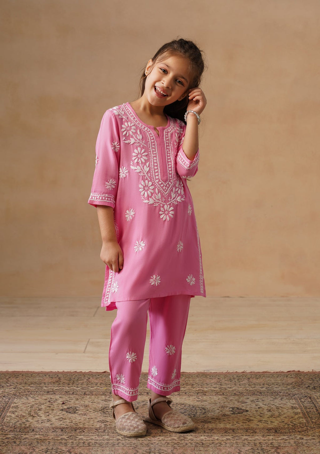 HOC Kids Pink Rayon Chikankari Kurta Set With Dupatta