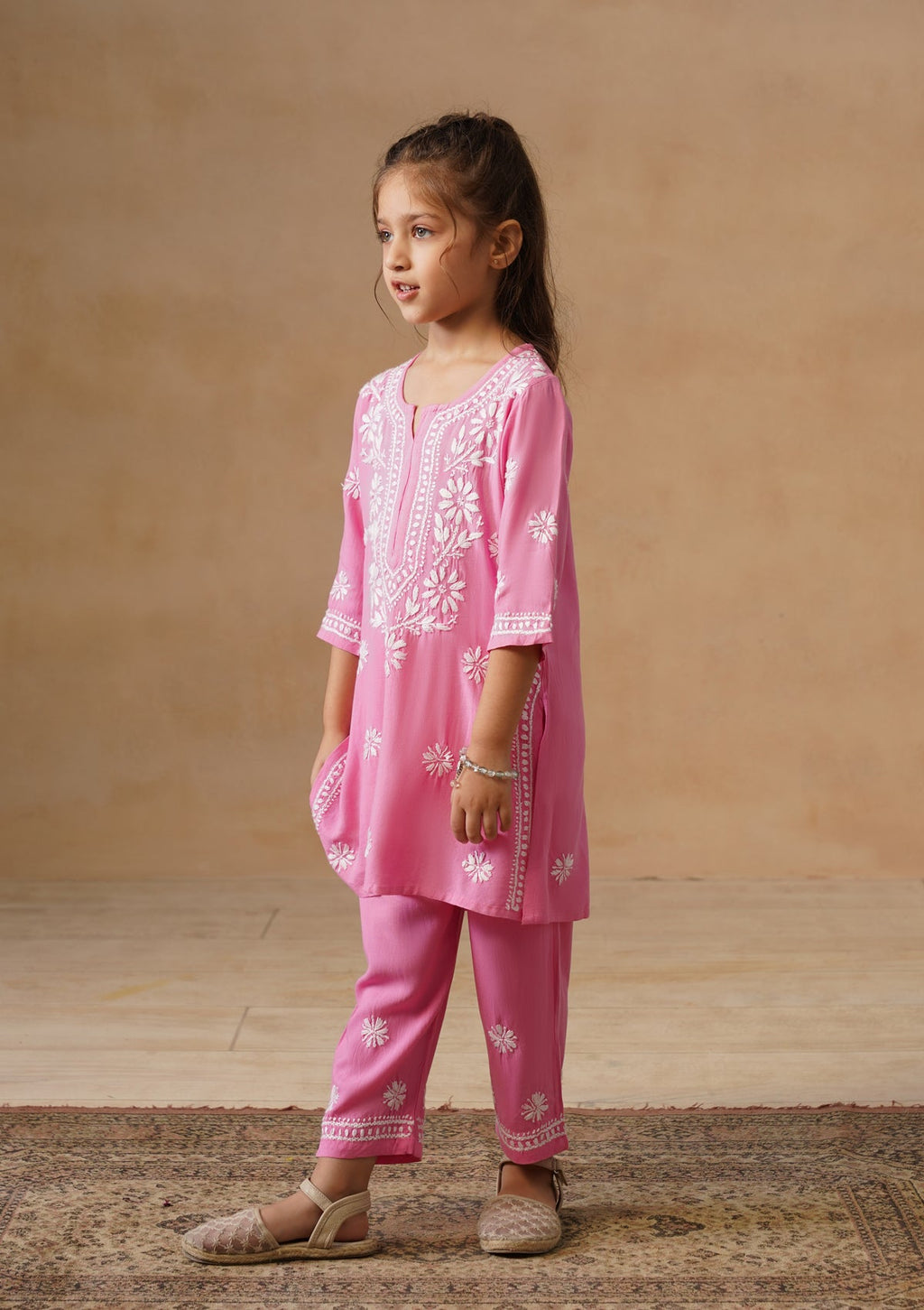 HOC Kids Pink Rayon Chikankari Kurta Set With Dupatta