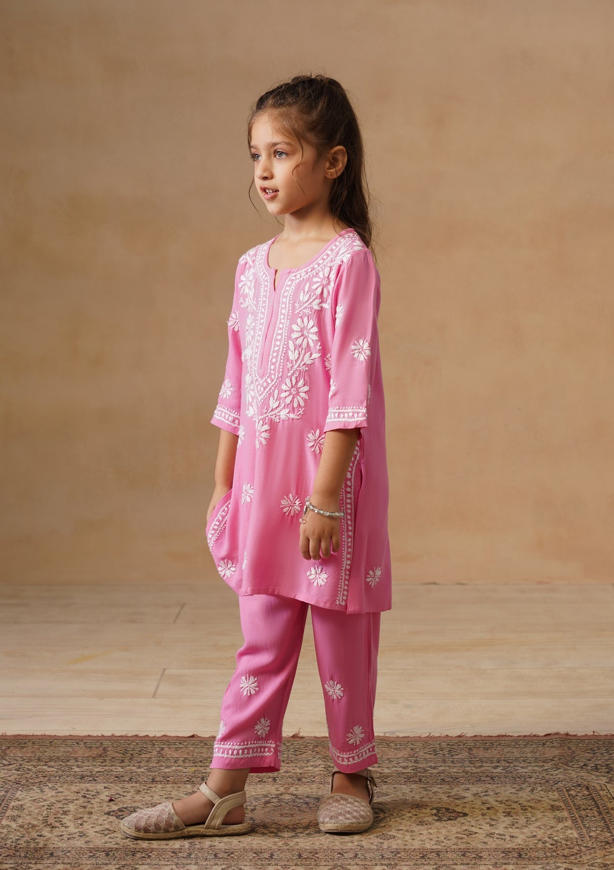 HOC Kids Pink Rayon Chikankari Kurta Set With Dupatta