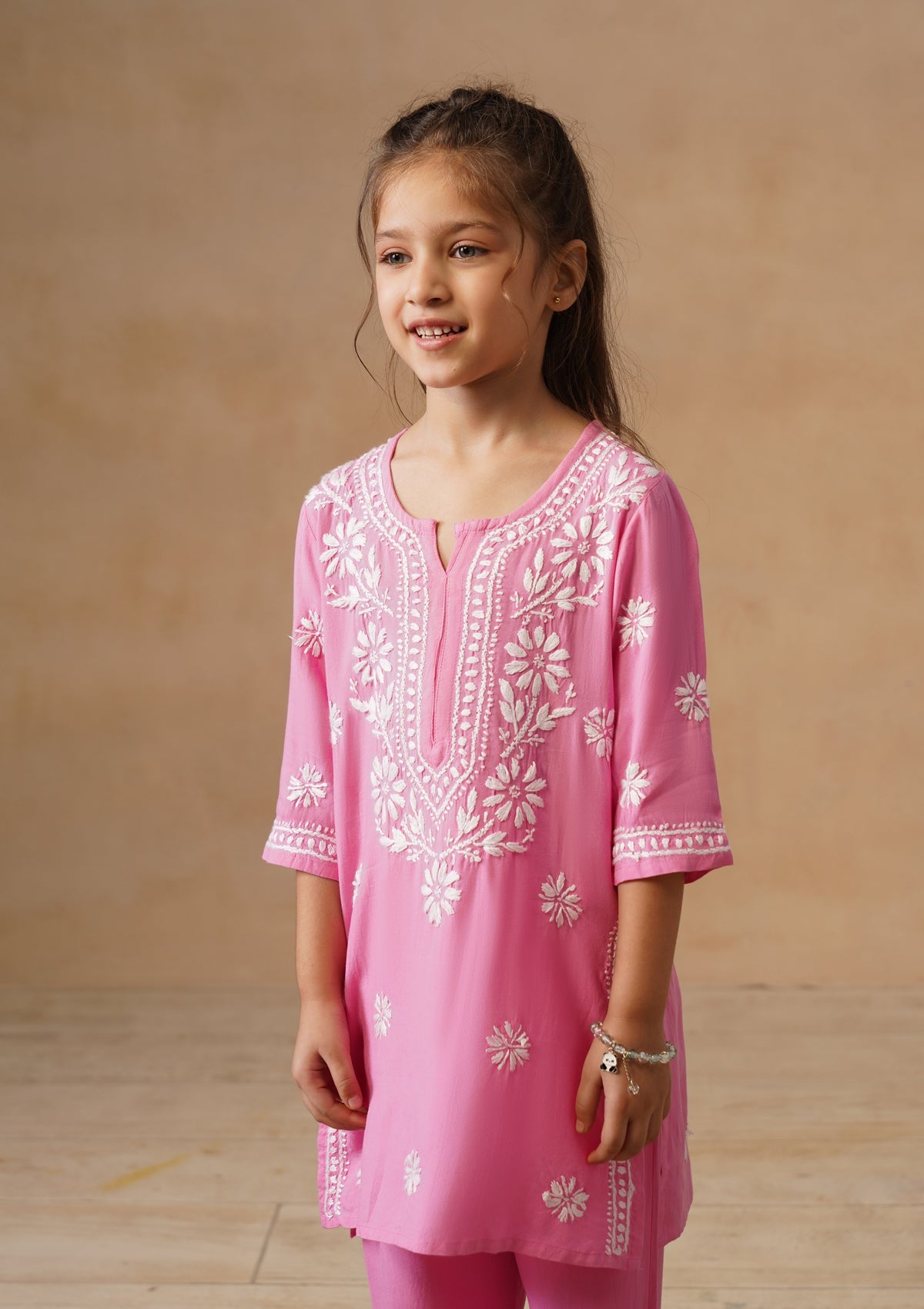 HOC Kids Pink Rayon Chikankari Kurta Set With Dupatta
