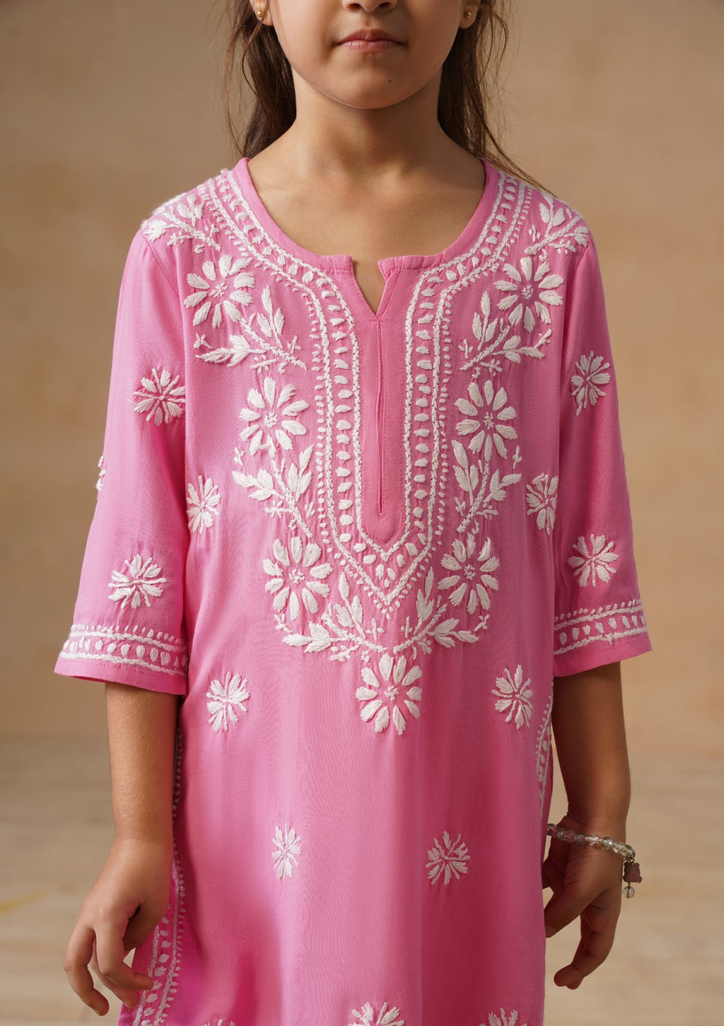 HOC Kids Pink Rayon Chikankari Kurta Set With Dupatta