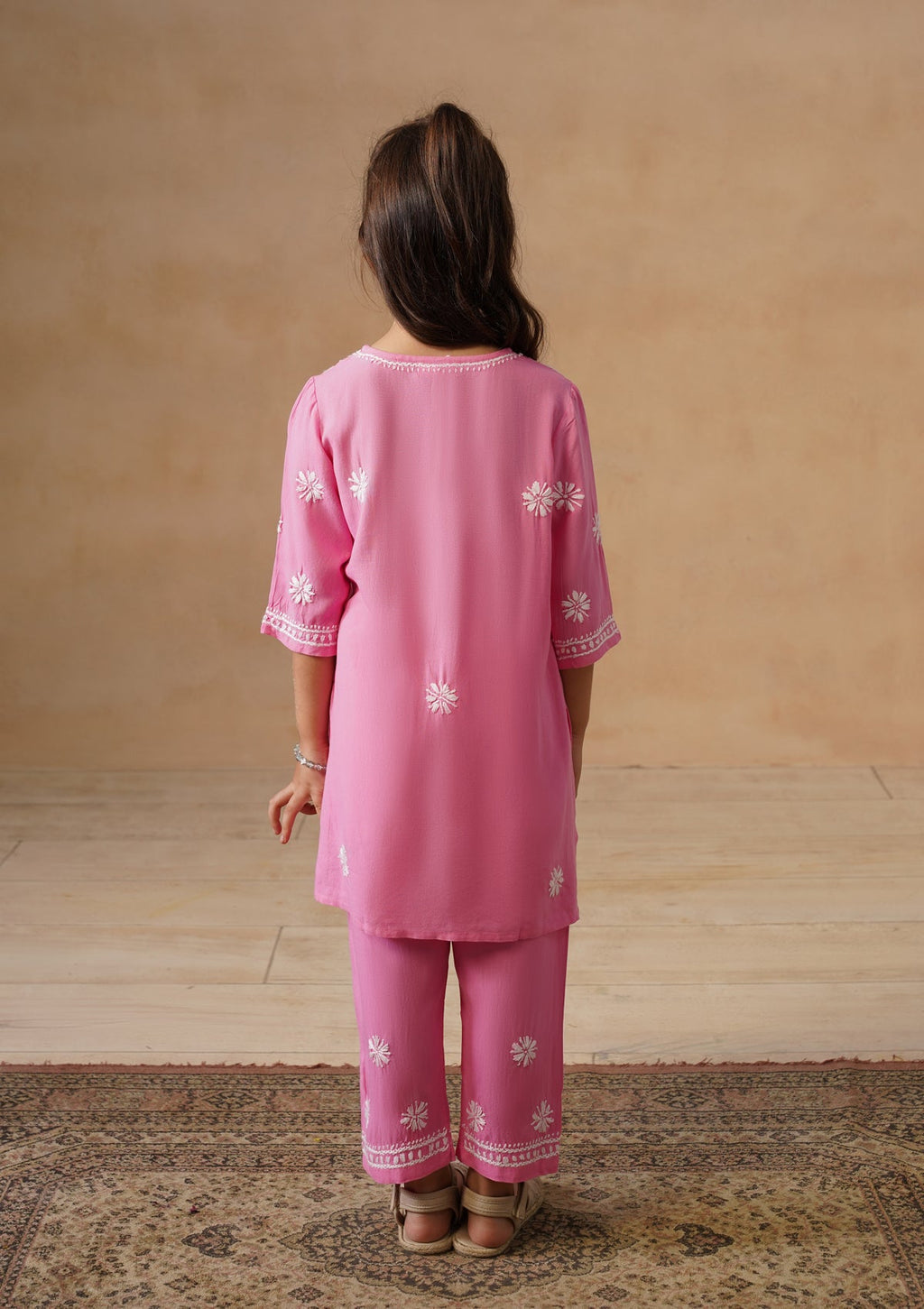 HOC Kids Pink Rayon Chikankari Kurta Set With Dupatta