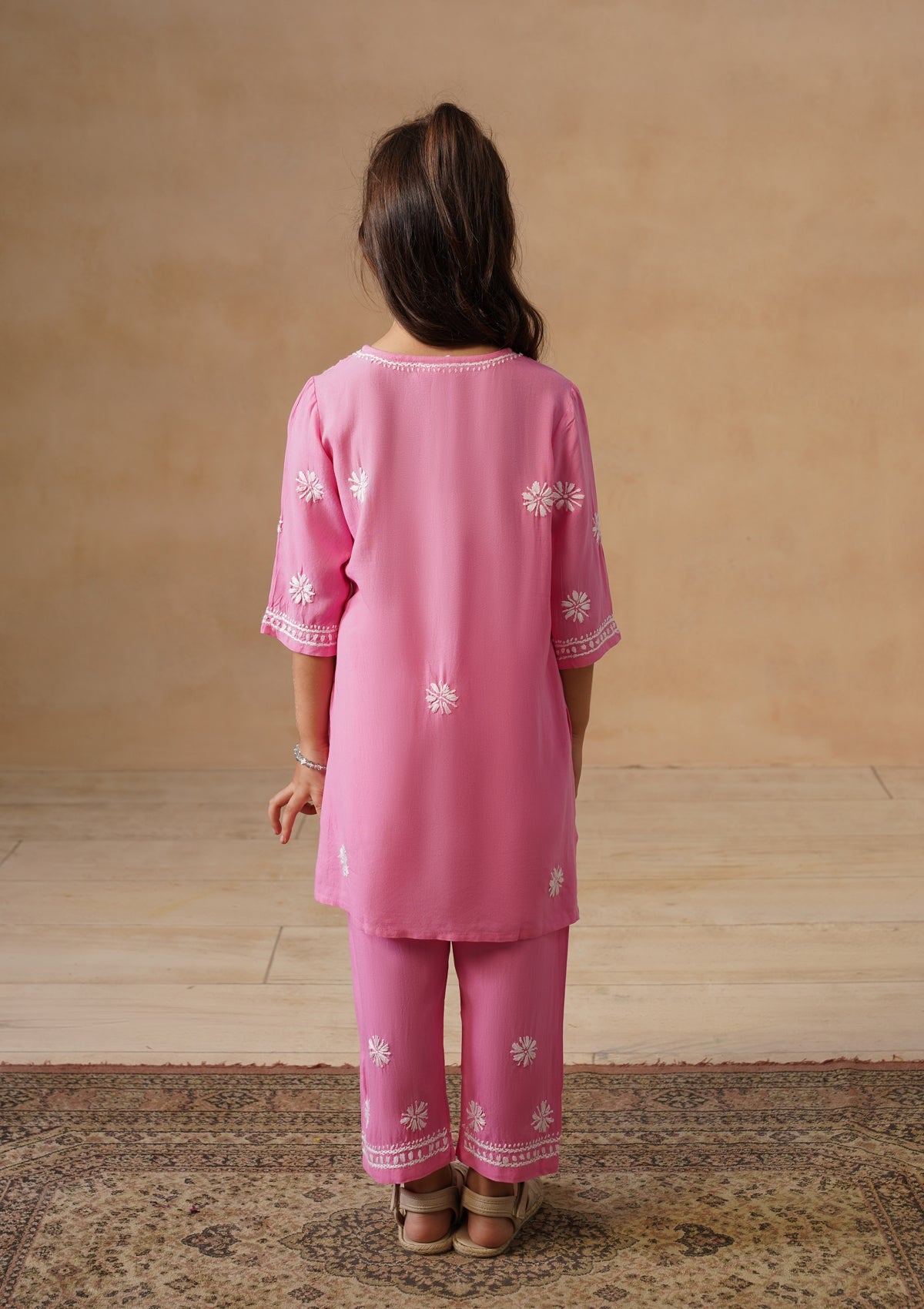 HOC Kids Pink Rayon Chikankari Kurta Set With Dupatta