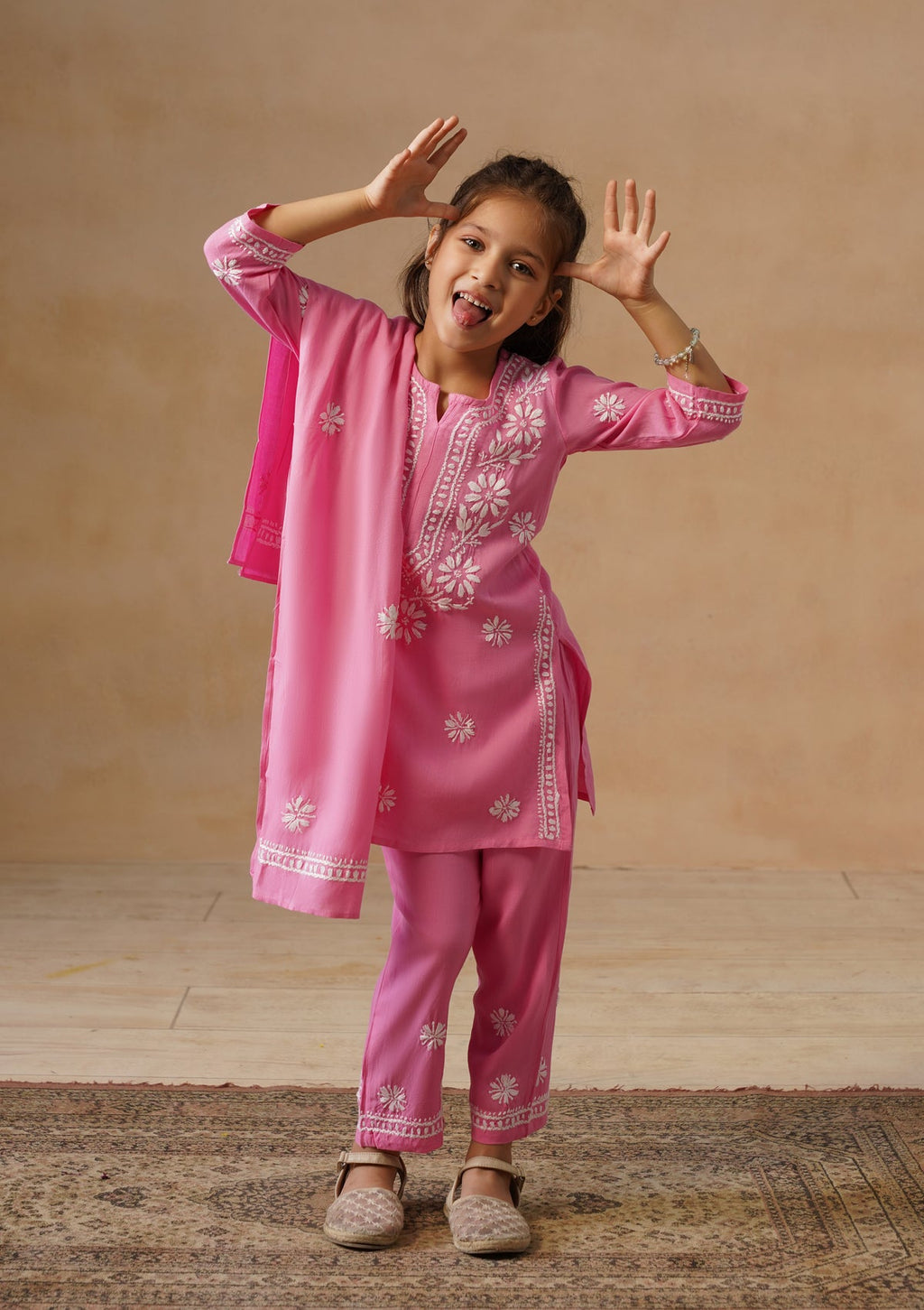 HOC Kids Pink Rayon Chikankari Kurta Set With Dupatta