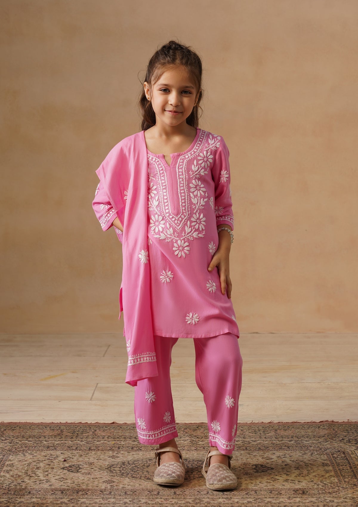 HOC Kids Pink Rayon Chikankari Kurta Set With Dupatta