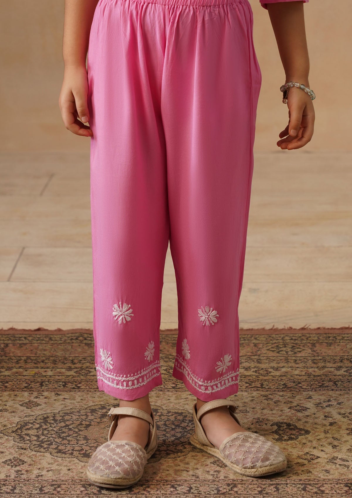 HOC Kids Pink Rayon Chikankari Kurta Set With Dupatta