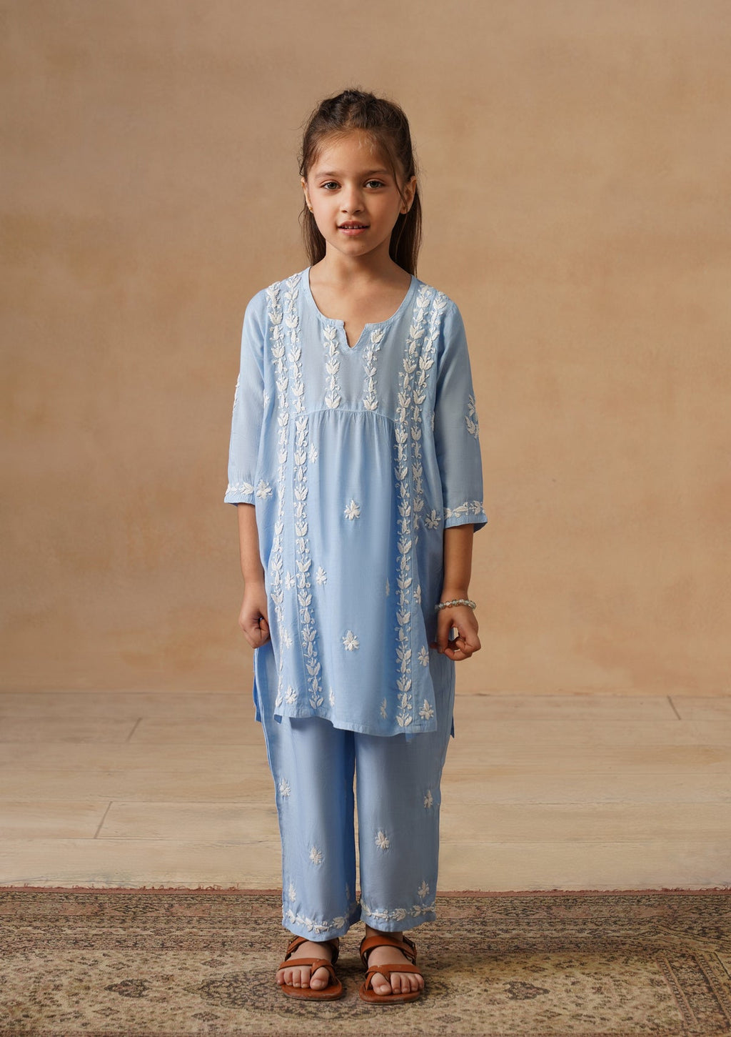 HOC Kids Blue Muslin Chikankari Kurta Set