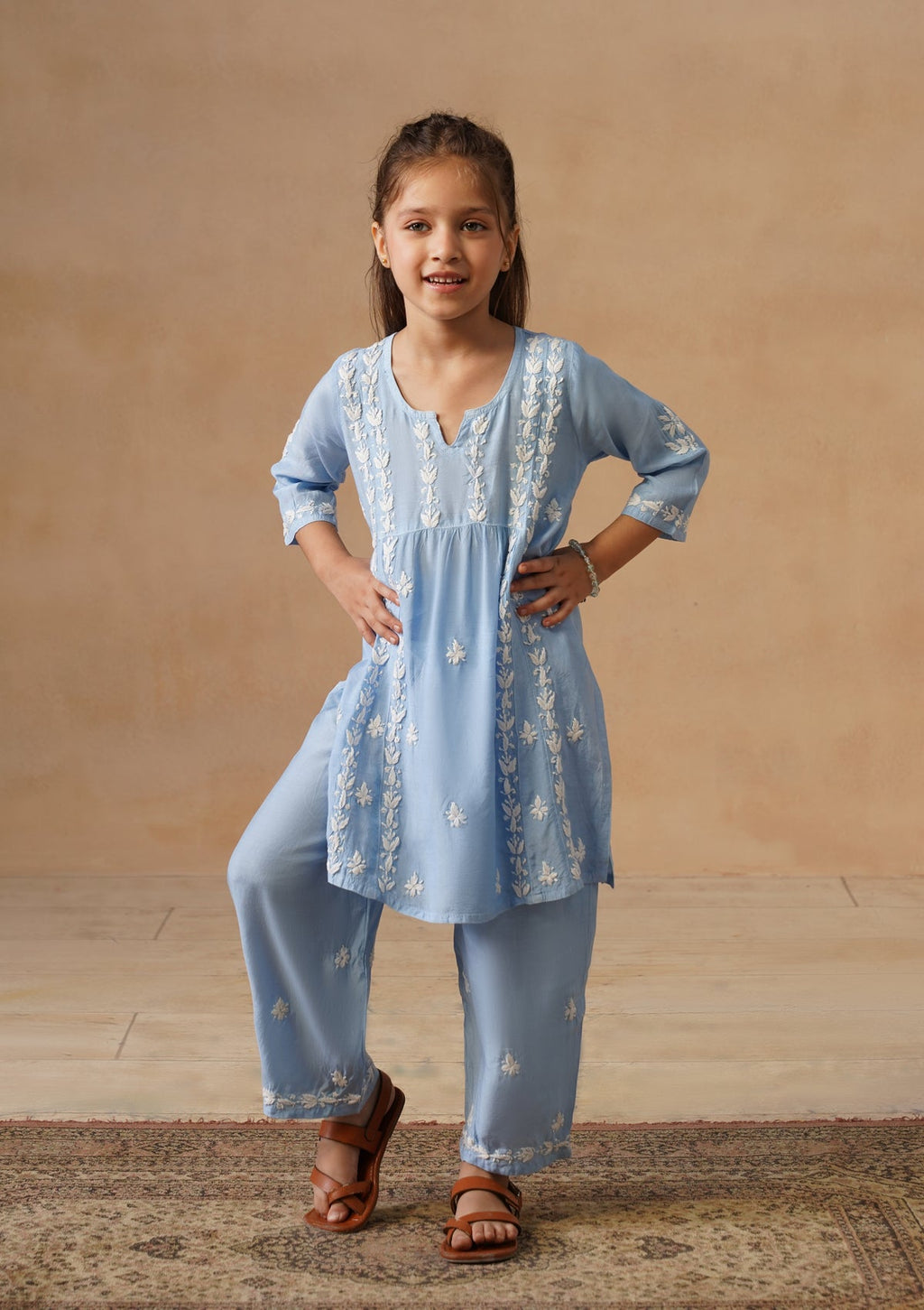 HOC Kids Blue Muslin Chikankari Kurta Set