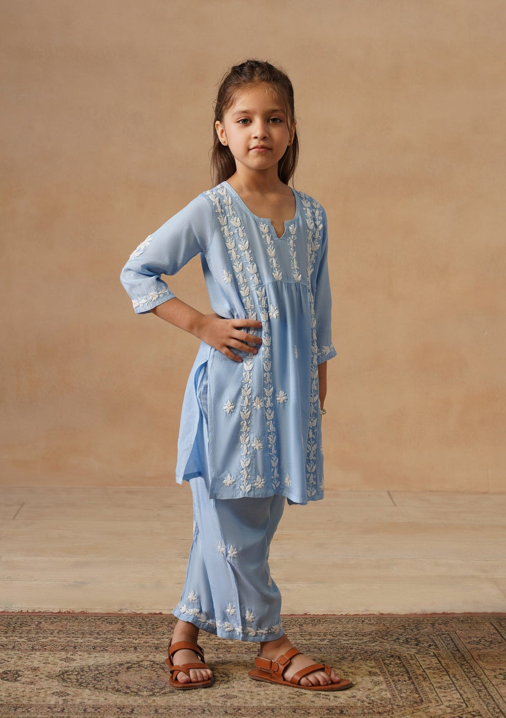 HOC Kids Blue Muslin Chikankari Kurta Set