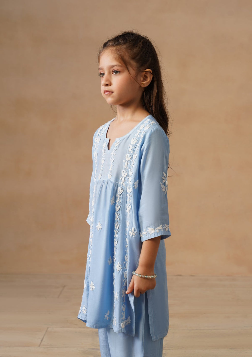 HOC Kids Blue Muslin Chikankari Kurta Set