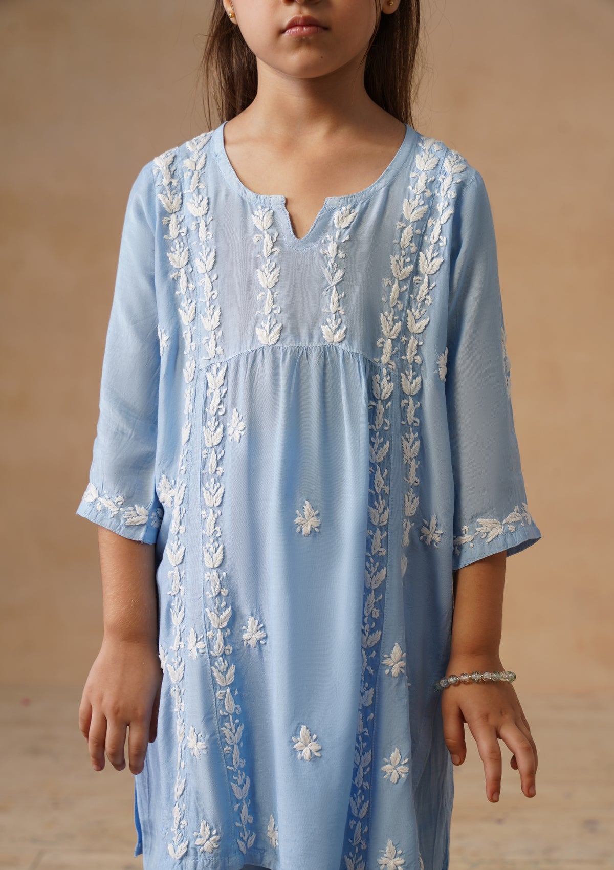 HOC Kids Blue Muslin Chikankari Kurta Set
