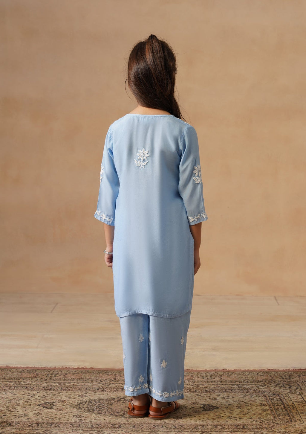 HOC Kids Blue Muslin Chikankari Kurta Set
