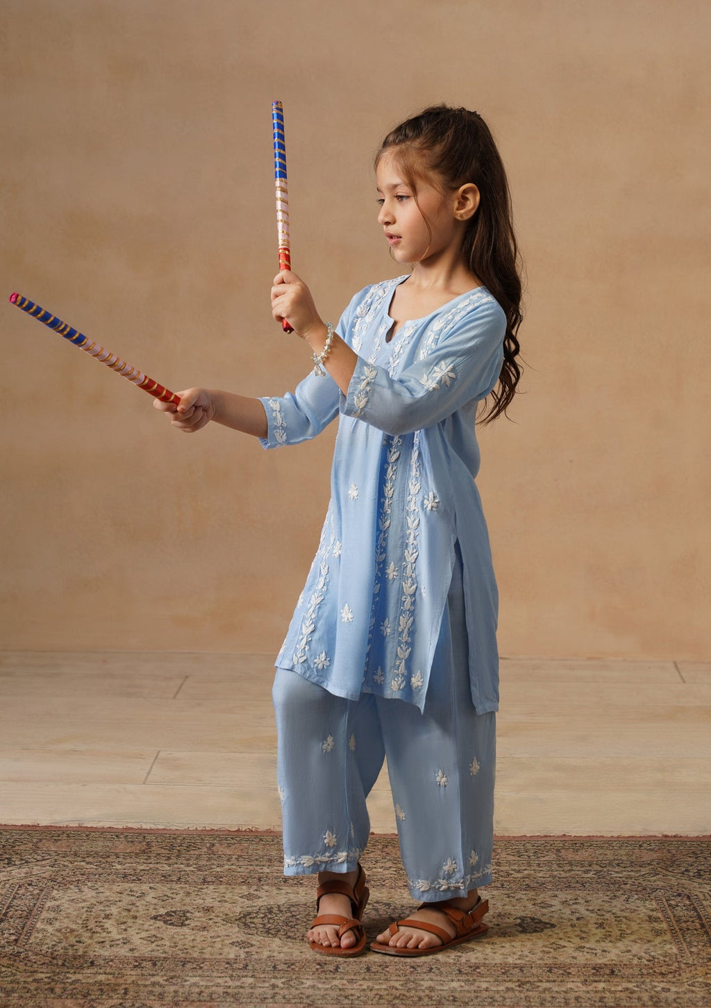 HOC Kids Blue Muslin Chikankari Kurta Set