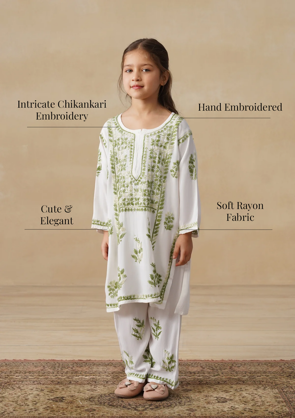 HOC Rayon Chikankari Solid Girls 2 PC Long Kurta Set - White