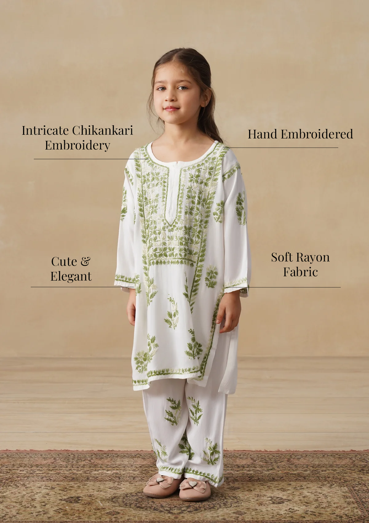 HOC Rayon Chikankari Solid Girls 2 PC Long Kurta Set - White
