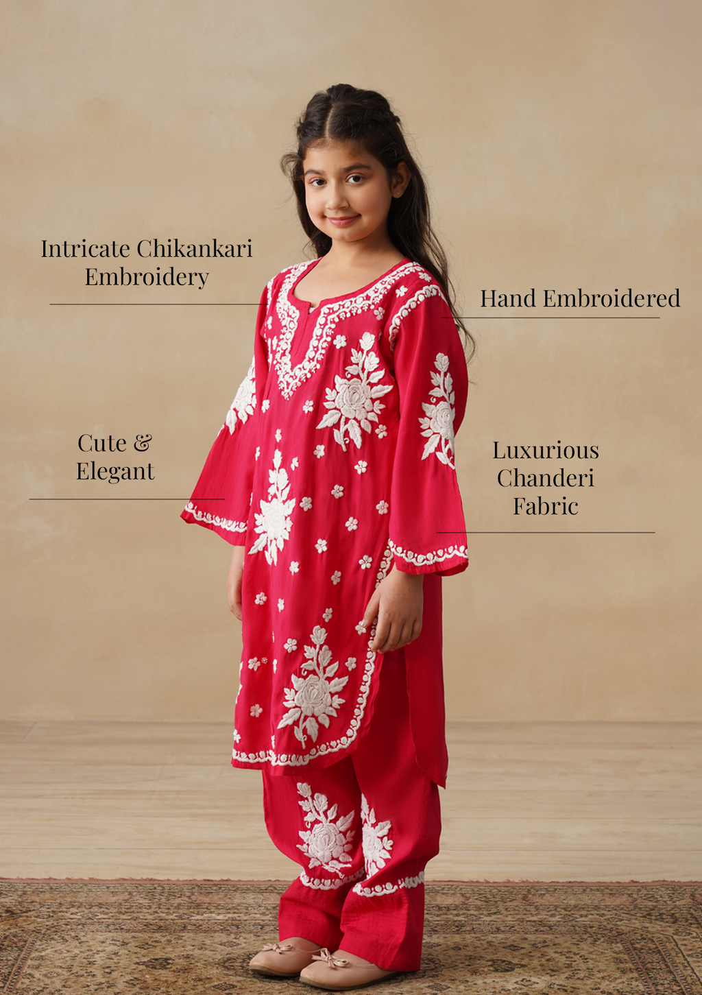 HOC Chanderi Chikankari Solid Girls 2 PC Long Kurta Set - Red